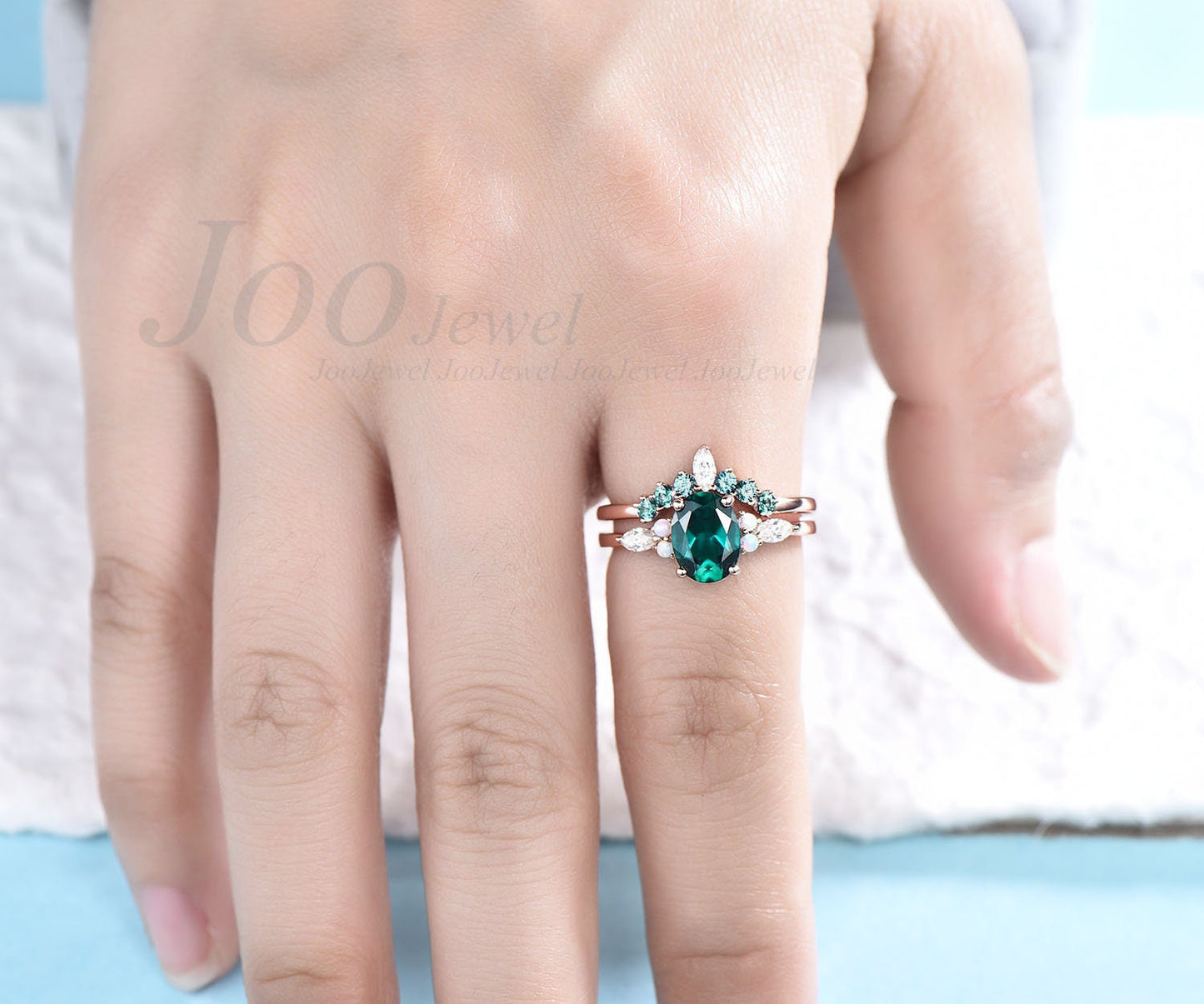 Unique promise ring set Vintage emerald engagement ring set rose gold ring set for women opal ring gold oval cut bridal ring set jewelry