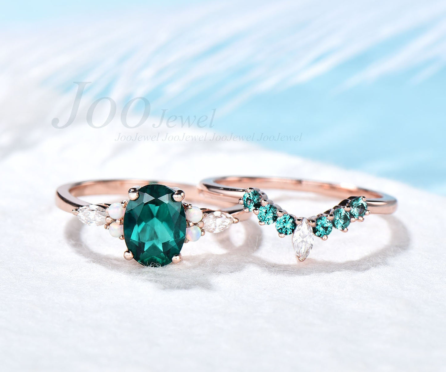 Unique promise ring set Vintage emerald engagement ring set rose gold ring set for women opal ring gold oval cut bridal ring set jewelry