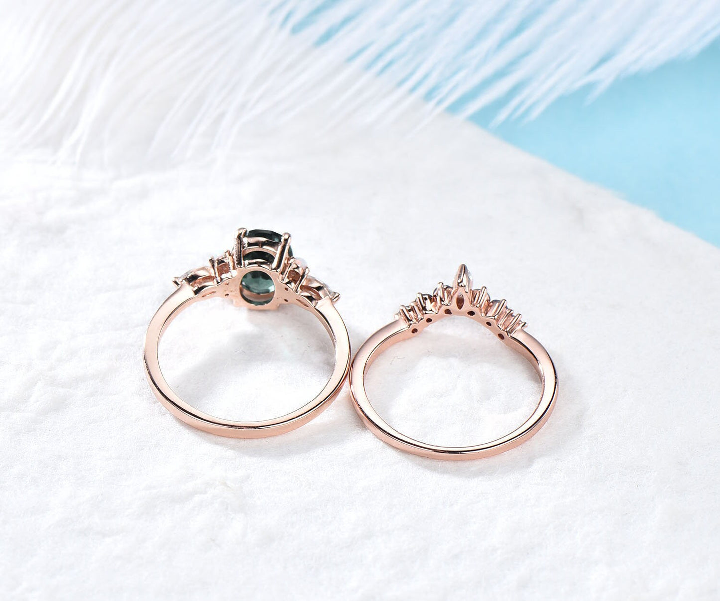 Oval Cut Natural Moss Agate Engagement Ring Set Green Gemstone Jewelry Opal Emerald Wedding Band Crystal Bridal Ring Unique Gift for Her
