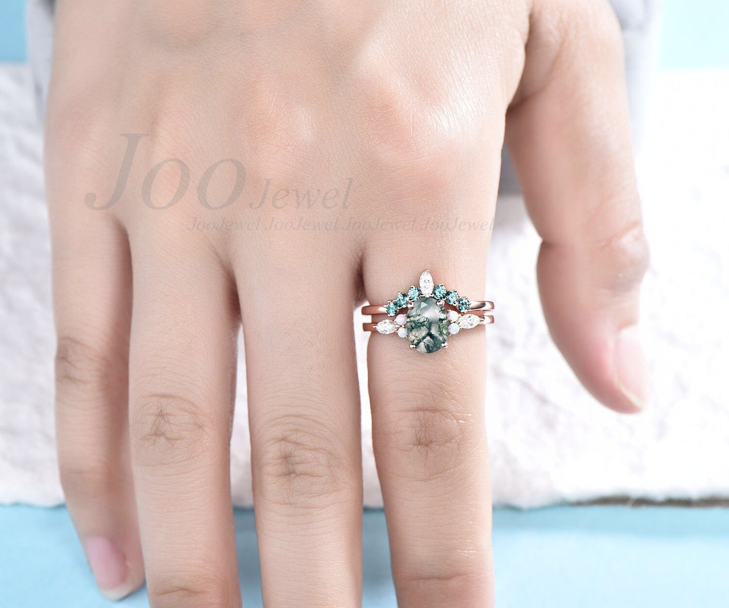 Oval Cut Natural Moss Agate Engagement Ring Set Green Gemstone Jewelry Opal Emerald Wedding Band Crystal Bridal Ring Unique Gift for Her