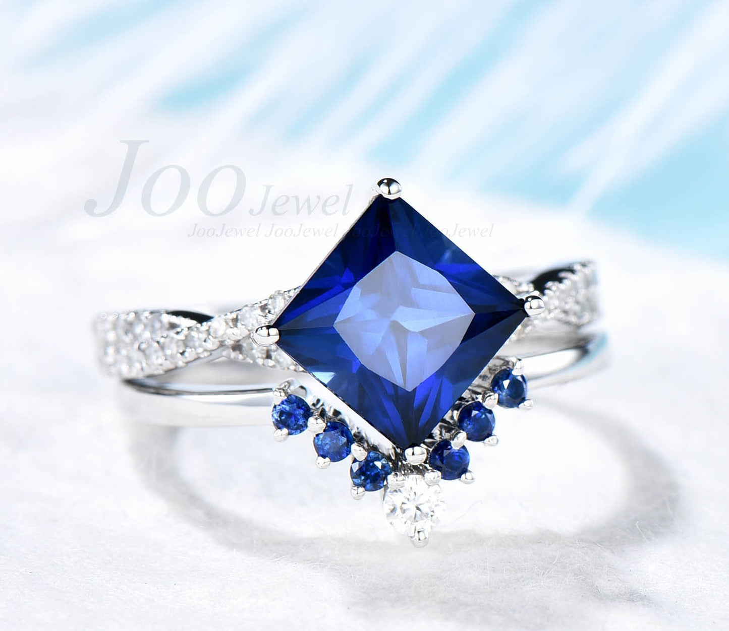 Princess cut sapphire engagement ring set vintage natutal sapphire ring for women Twisted infinity moissanite ring set white gold ring
