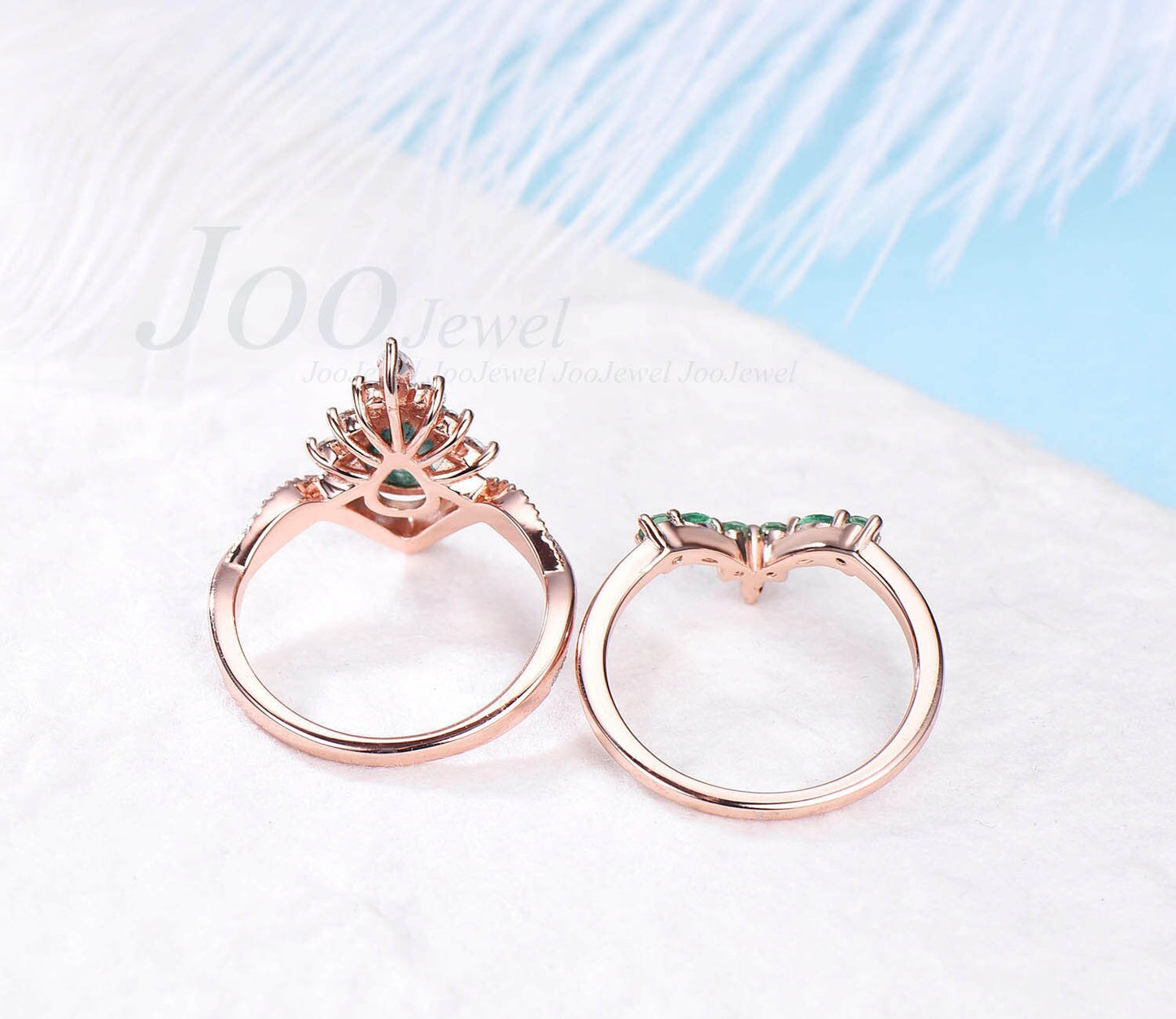 Pear shaped emerald ring for women unique vintage emerald engagement ring set halo art deco moissanite ring rose gold crown wedding ring set