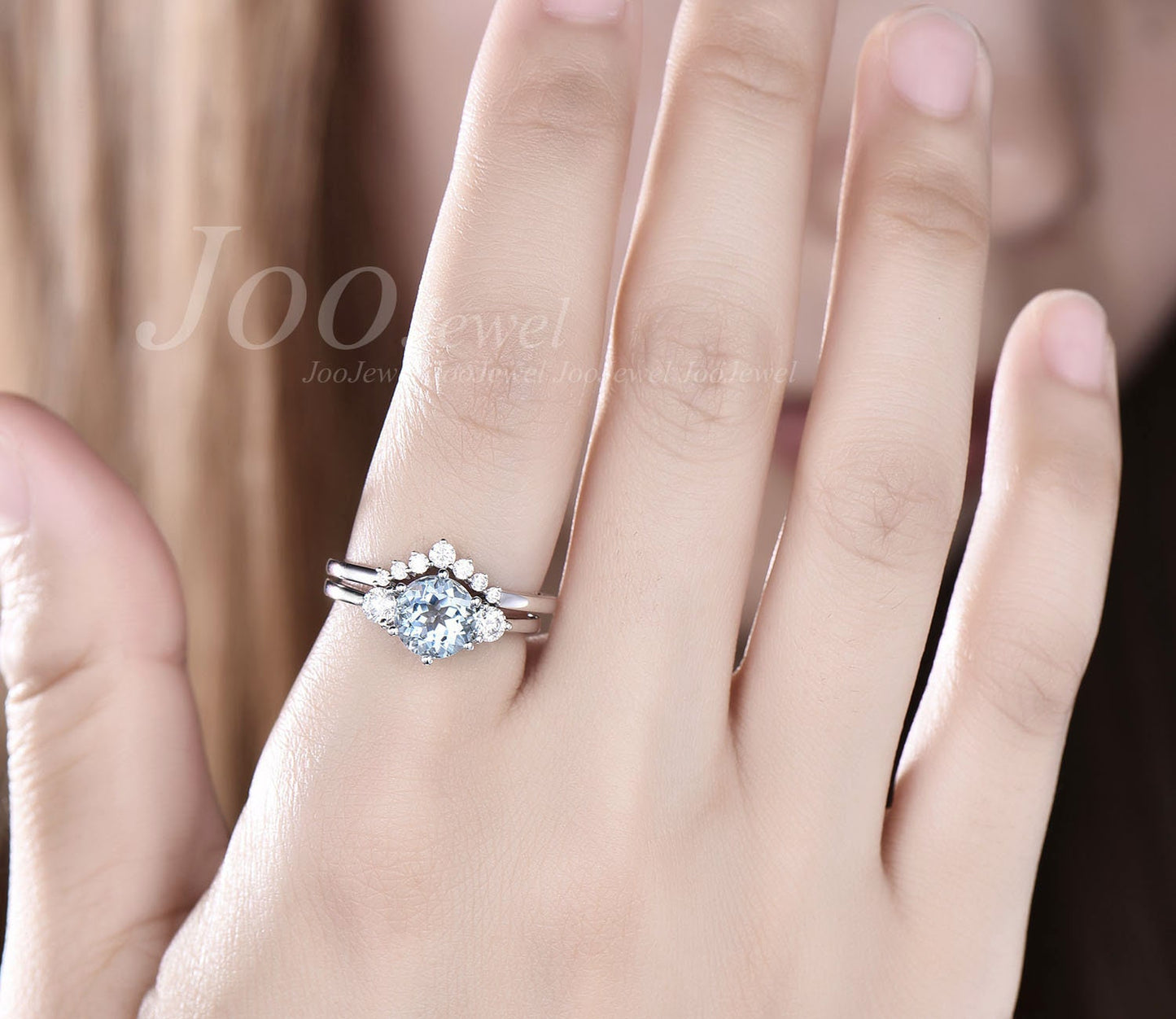 Aquamarine ring gold silver women Vintage Aquamarine engagement ring set rose gold three stone promise ring set March birthstone ring gift
