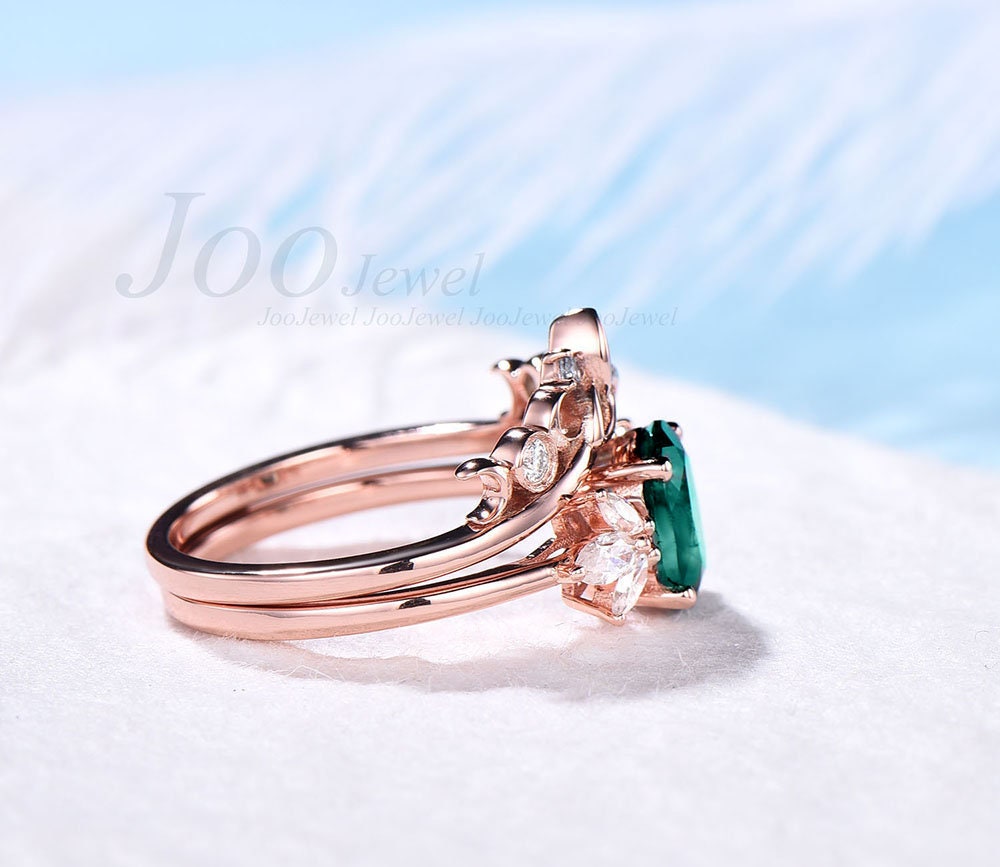 Oval emerald wedding ring set vintage emerald engagement ring set art deco rose gold silver ring Norse viking ring promise ring for women