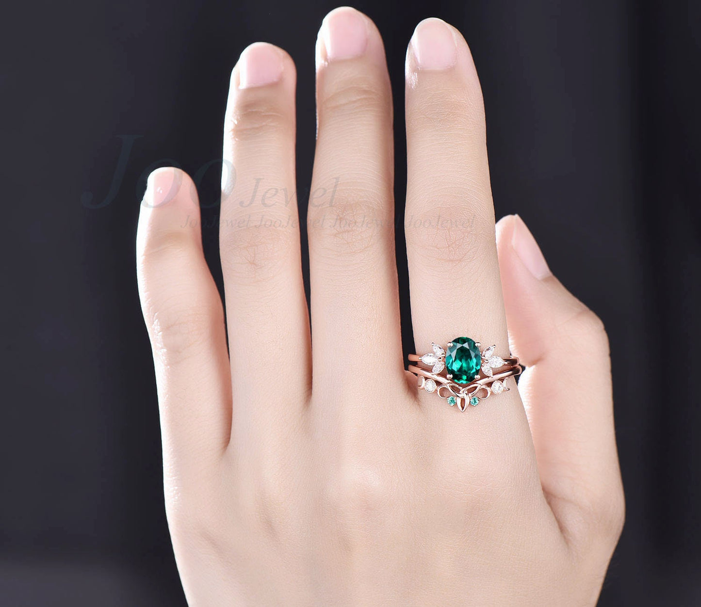 Oval emerald wedding ring set vintage emerald engagement ring set art deco rose gold silver ring Norse viking ring promise ring for women