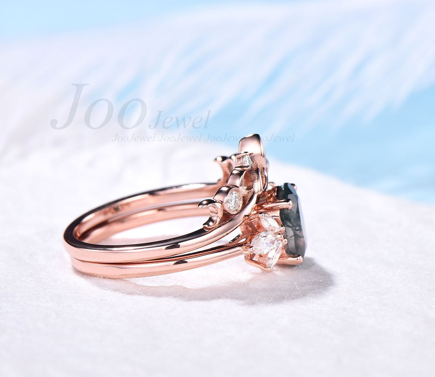 Vintage moss agate ring set oval cut moss agate engagement ring set art deco rose gold silver Celtic Knot ring band moissanite wedding set