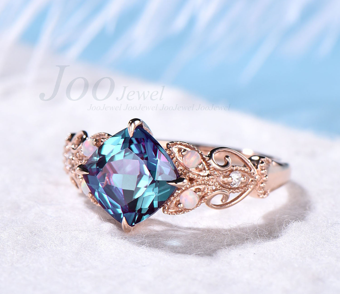 Unique cushion cut Alexandrite engagement ring butterfly Milgrain vintage flower moissanite ring opal ring for women 14k rose gold silver