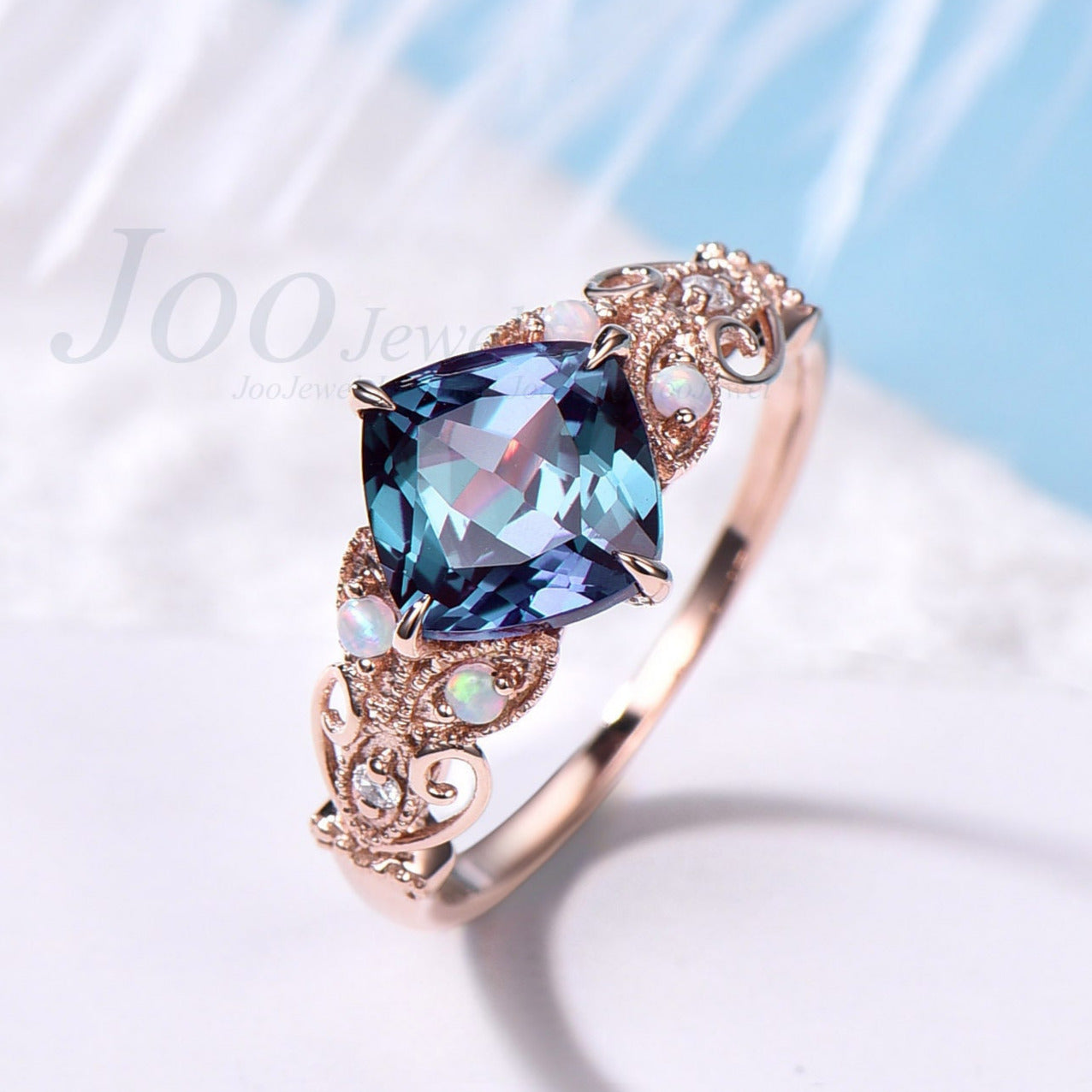 Unique cushion cut Alexandrite engagement ring butterfly Milgrain vintage flower moissanite ring opal ring for women 14k rose gold silver