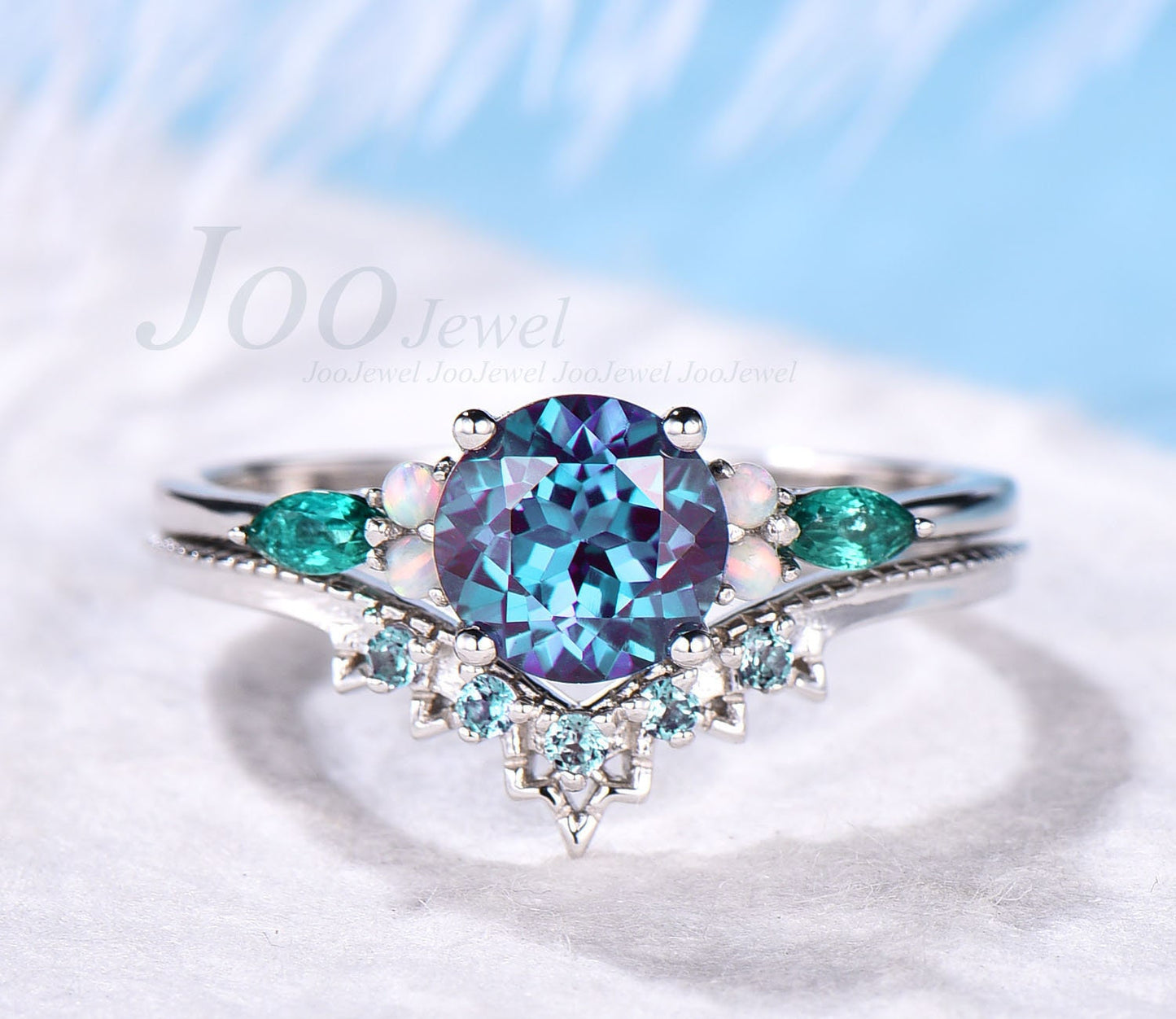 Round cut Alexandrite engagement ring set rose gold art deco emerald ring set June birthstone ring Milgrain wedding band promise ring set
