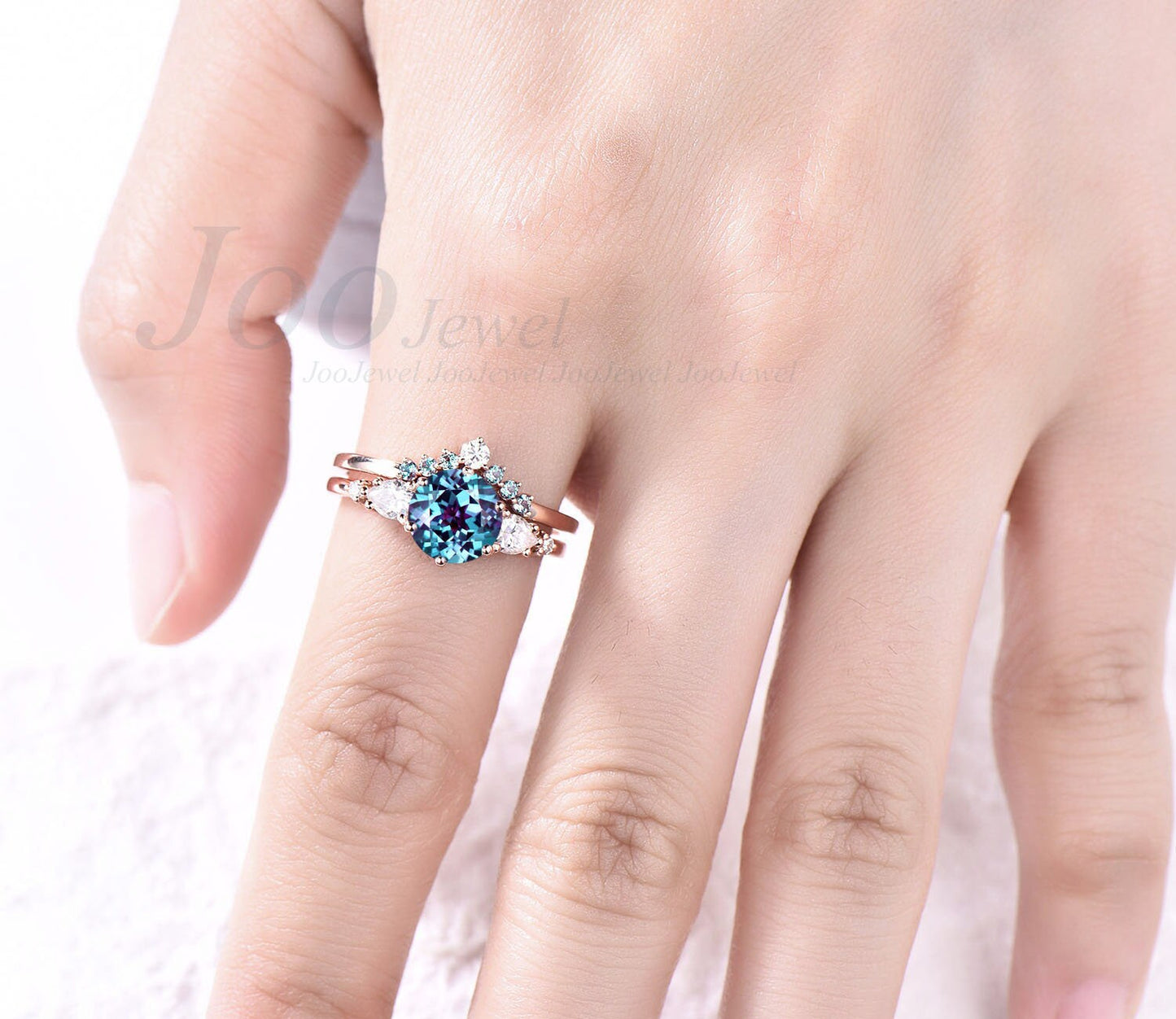 Alexandrite ring minimalist vintage rose gold silver for women round alexandrite engagement ring set five stone pear moissanite ring set