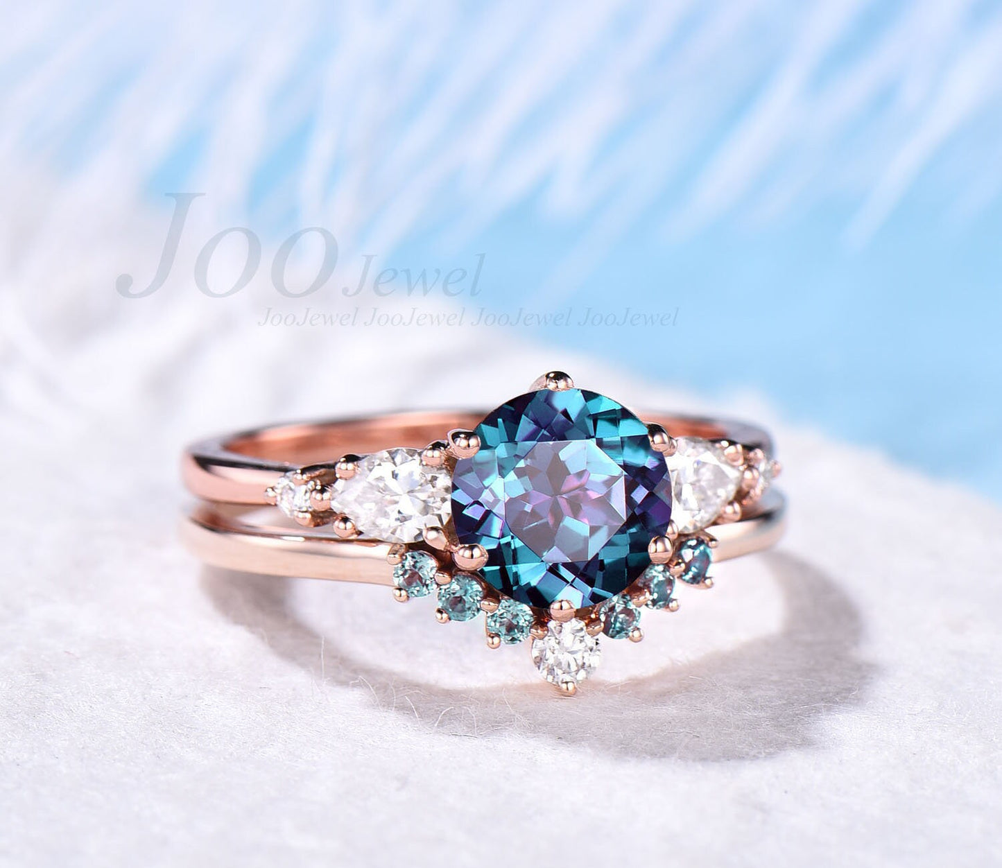 Alexandrite ring minimalist vintage rose gold silver for women round alexandrite engagement ring set five stone pear moissanite ring set