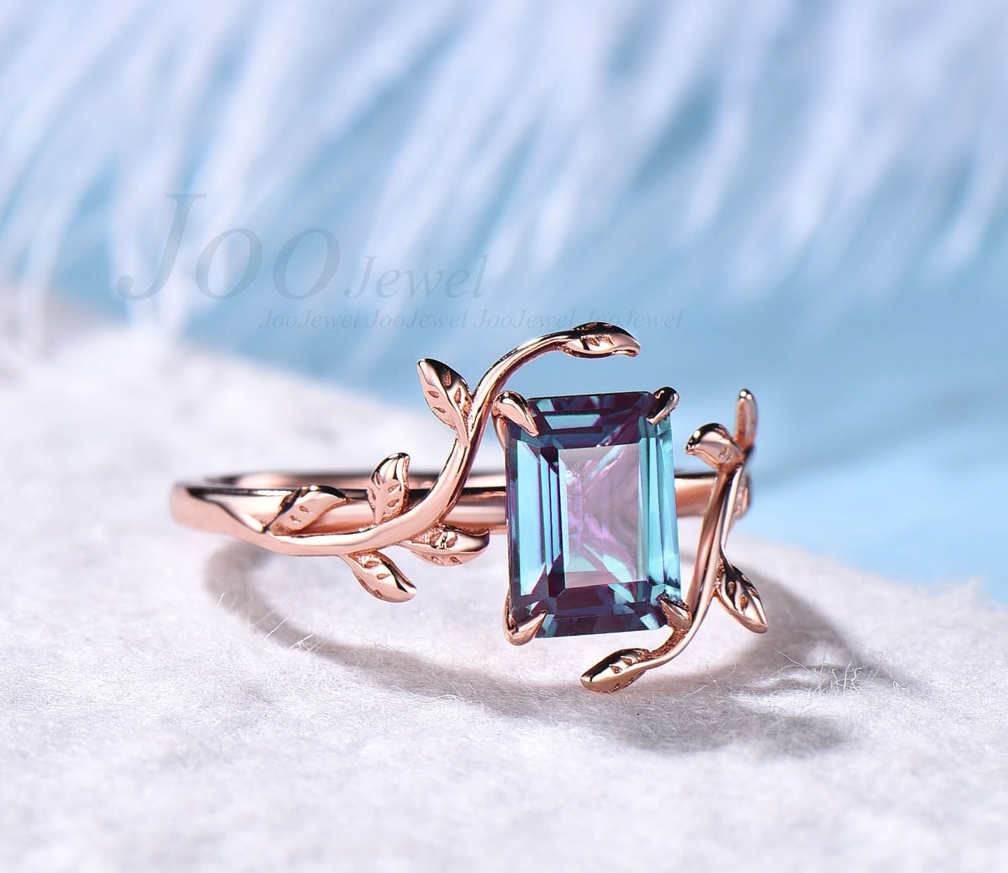Emerald Cut Alexandrite Bridal Ring Unique Leaf Flower Solitaire Ring For Women Alexandrite Wedding Ring Nature Inspired Engagement Ring