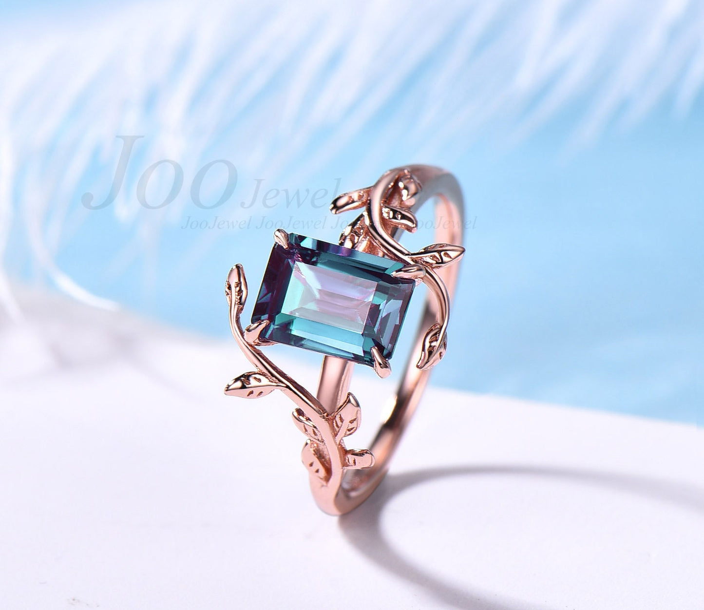 Emerald Cut Alexandrite Bridal Ring Unique Leaf Flower Solitaire Ring For Women Alexandrite Wedding Ring Nature Inspired Engagement Ring