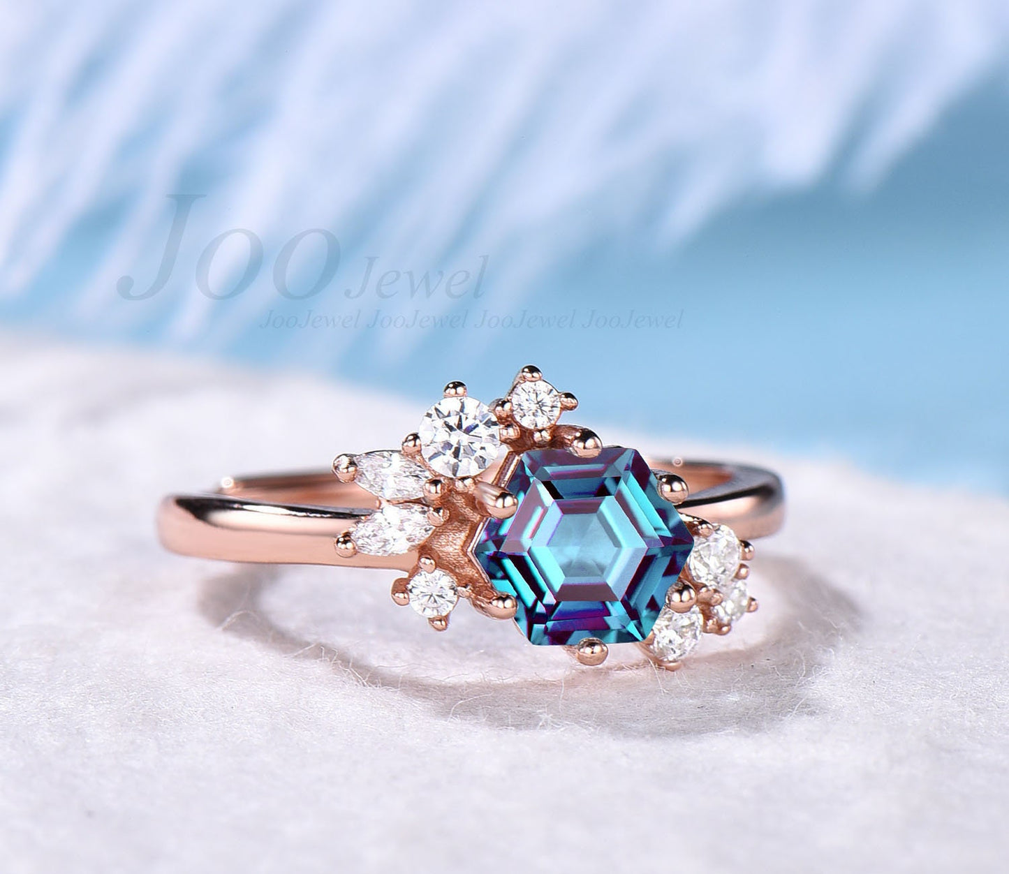 Hexagon Cut Alexandrite Ring Vintage Flower Cluster Moissanite Ring Rose Gold Engagement Ring June Birthstone Anniversary Ring For Women