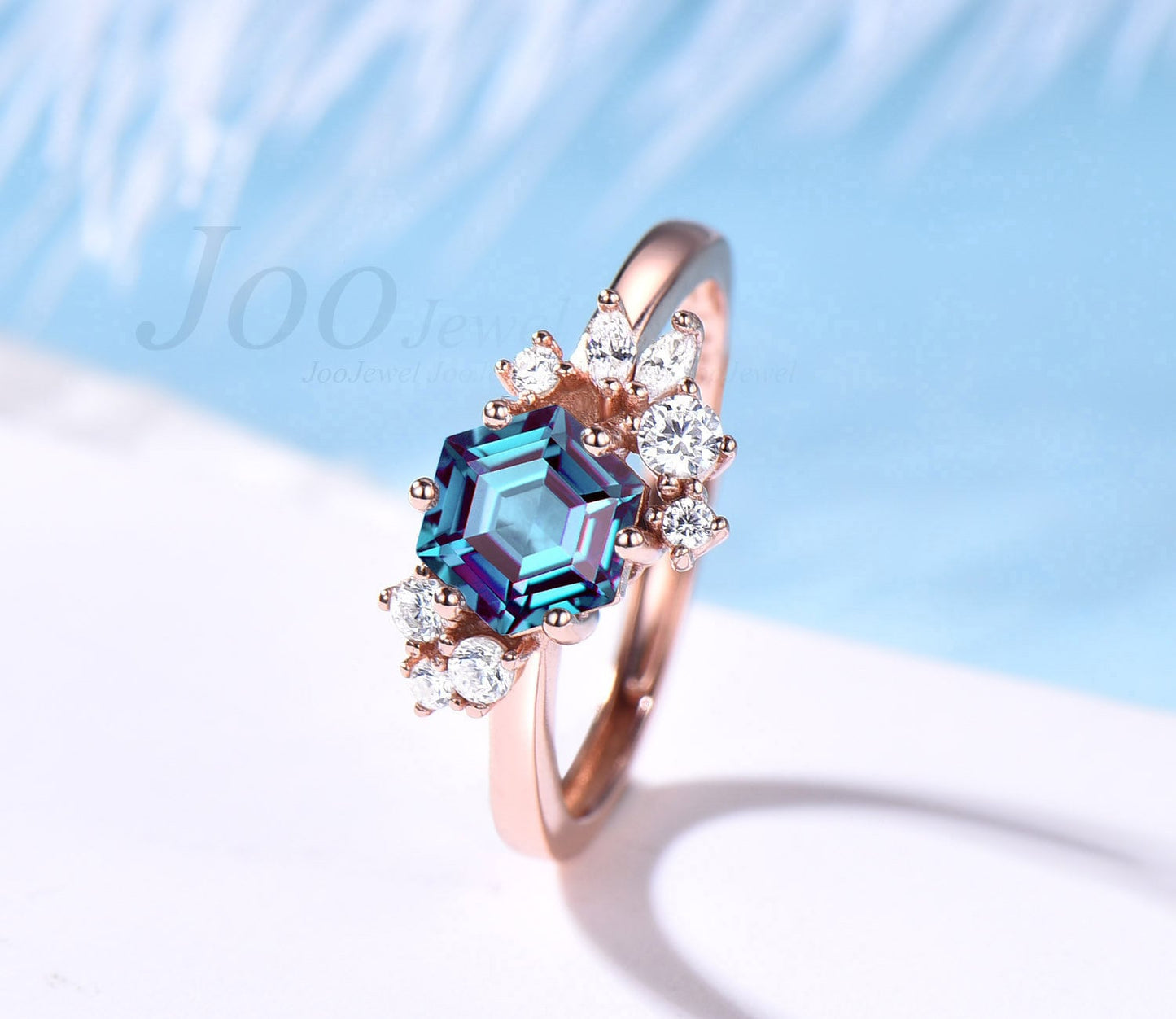 Hexagon Cut Alexandrite Ring Vintage Flower Cluster Moissanite Ring Rose Gold Engagement Ring June Birthstone Anniversary Ring For Women