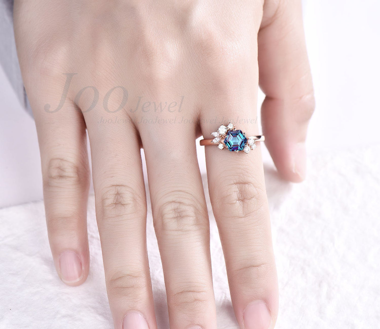 Hexagon Cut Alexandrite Ring Vintage Flower Cluster Moissanite Ring Rose Gold Engagement Ring June Birthstone Anniversary Ring For Women