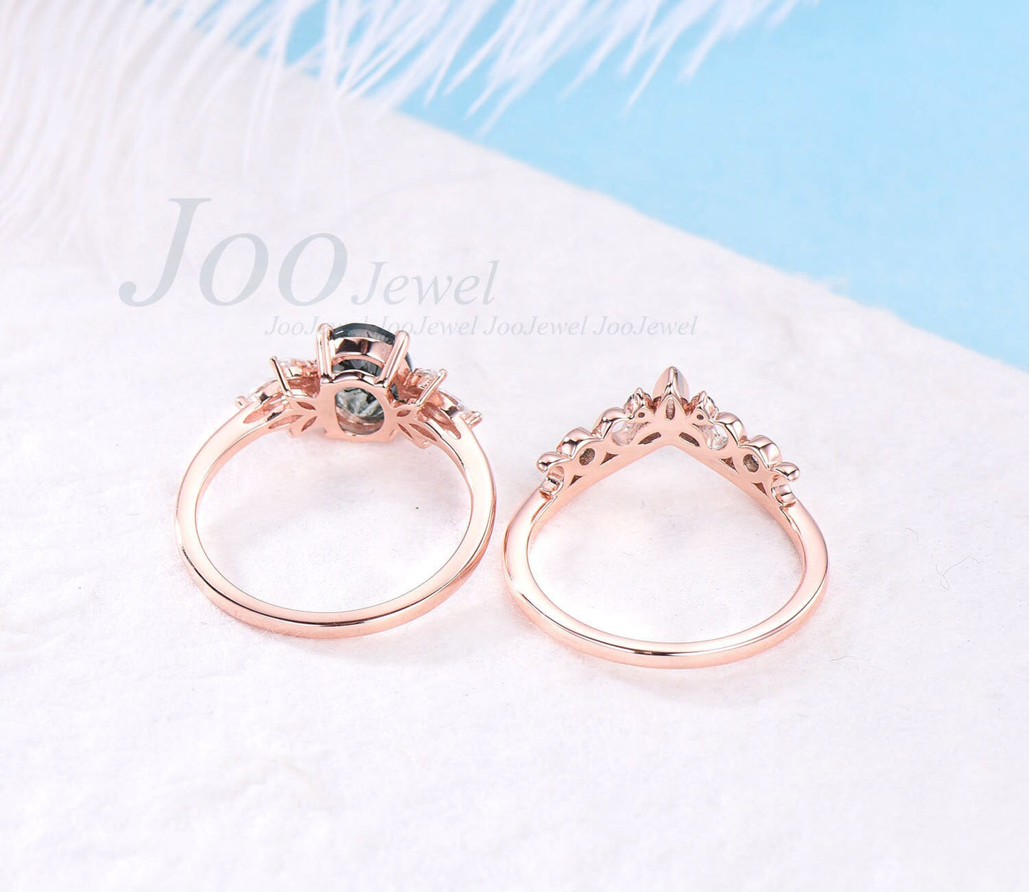 Vintage moss agate ring set oval cut moss agate engagement ring set art deco rose gold silver Celtic Knot ring band moissanite wedding set