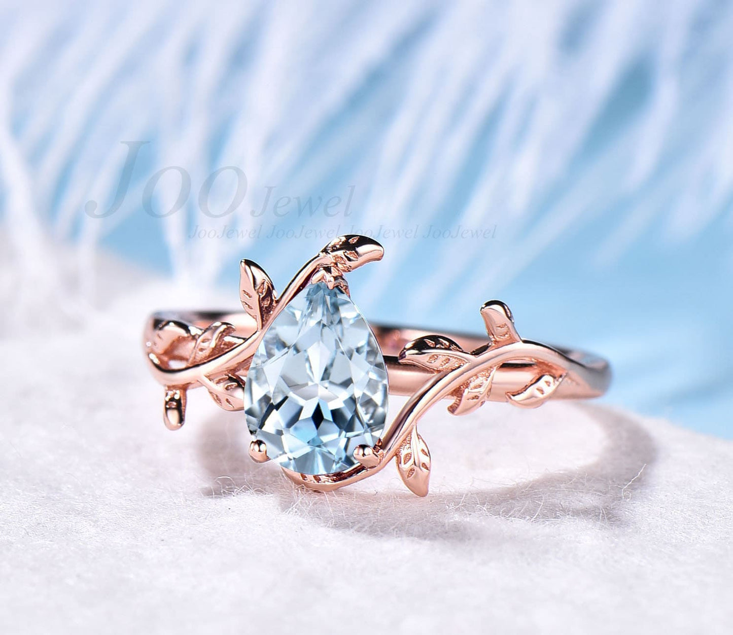 Pear shaped aquamarine engagement ring leaf flower rose gold minimalist unique vintage solitaire engagement ring for women wedding ring band