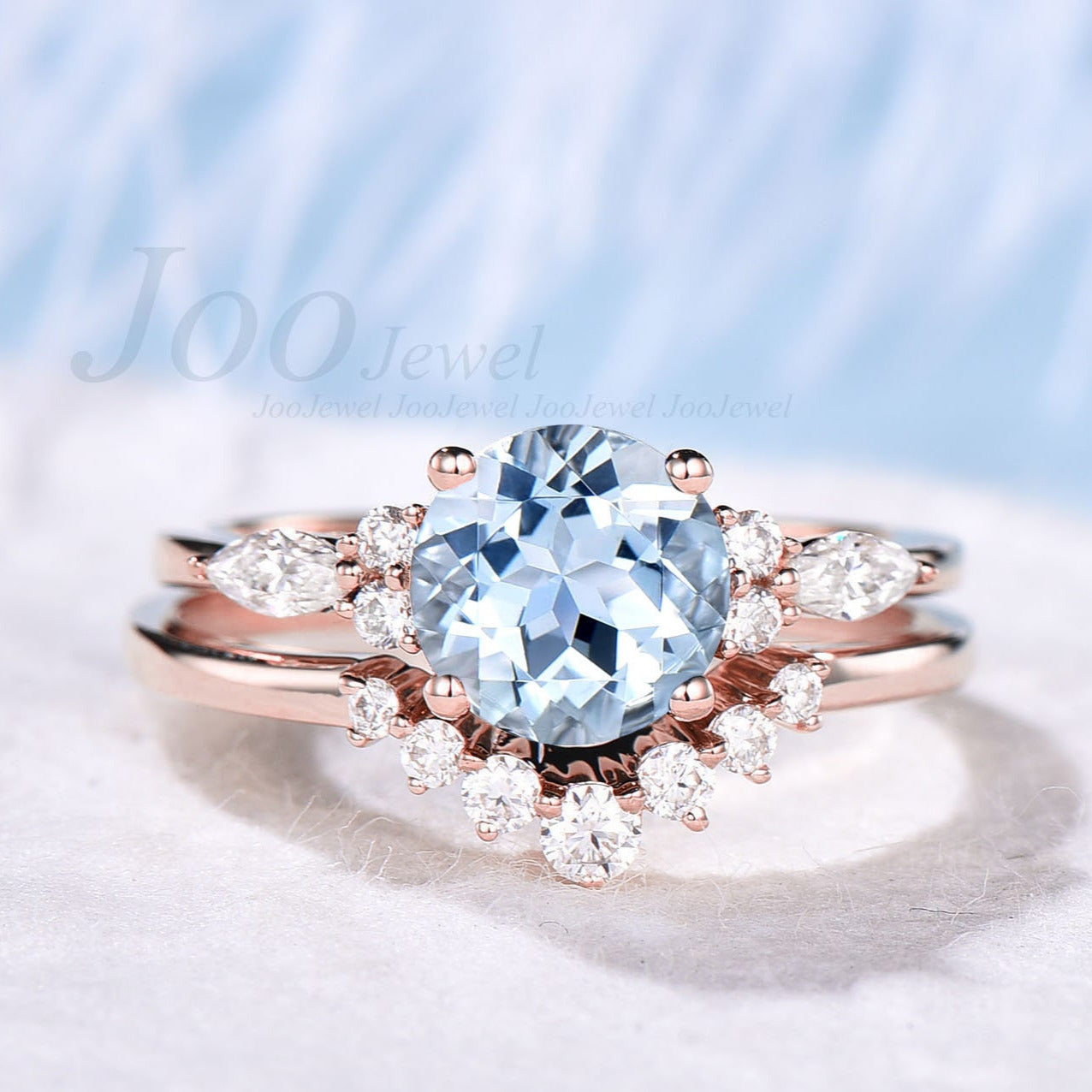 Natural Aquamarine Ring Set Sterling Silver Round Cut Aquamarine Engagement Ring Set March Birthstone Jewelry Promise Ring Anniversary Gift