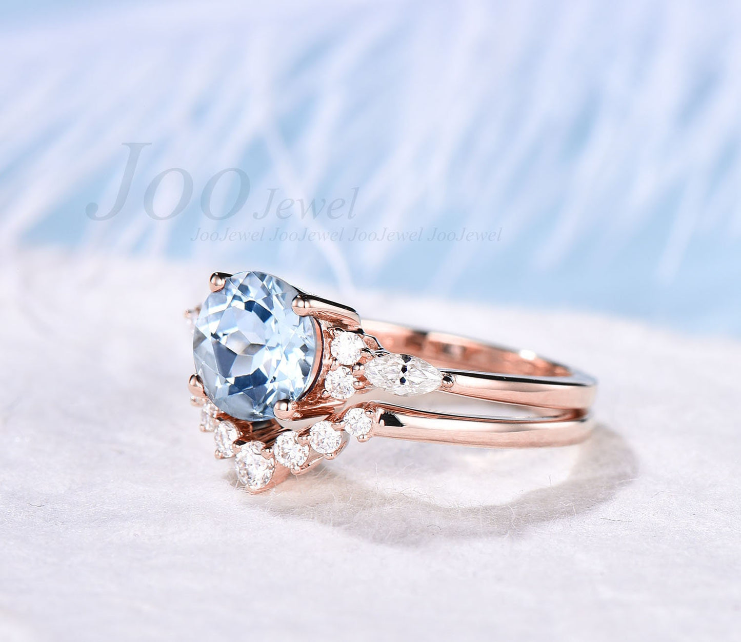 Natural Aquamarine Ring Set Sterling Silver Round Cut Aquamarine Engagement Ring Set March Birthstone Jewelry Promise Ring Anniversary Gift