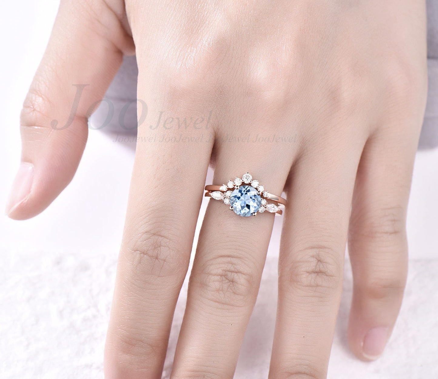 Natural Aquamarine Ring Set Sterling Silver Round Cut Aquamarine Engagement Ring Set March Birthstone Jewelry Promise Ring Anniversary Gift