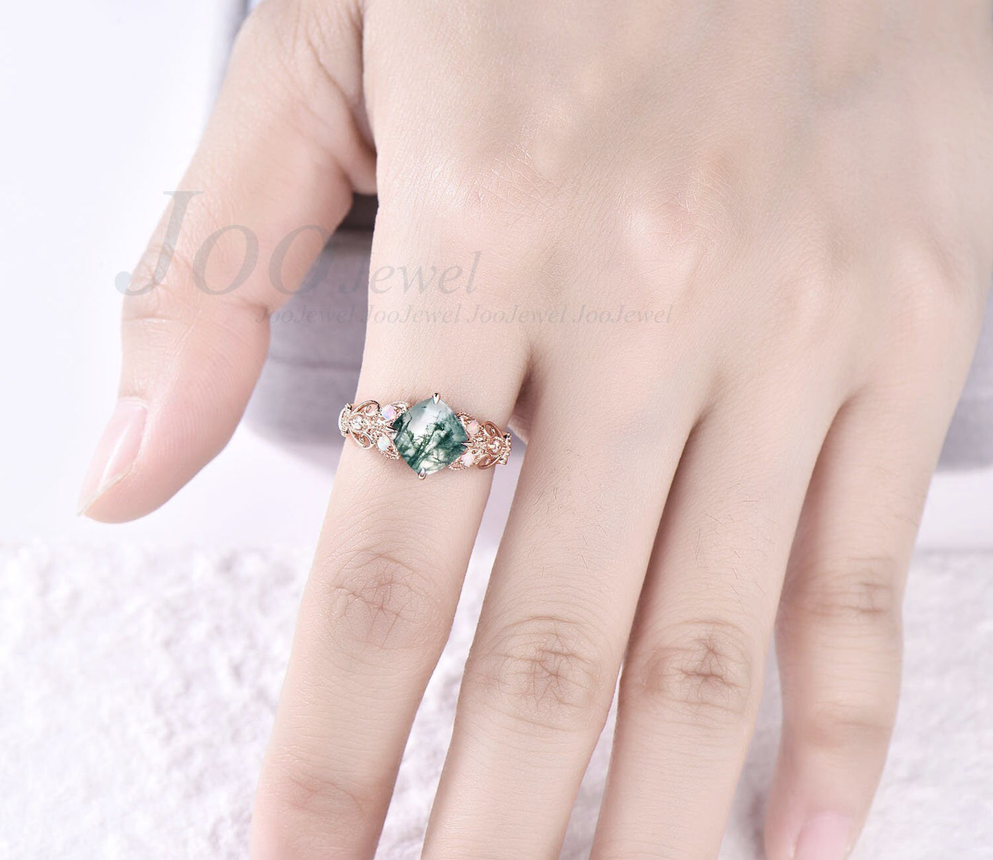 Vintage moss agate ring rose gold silver ring cushion cut moss agate engagement ring butterfly flower moissanite ring opal ring for women