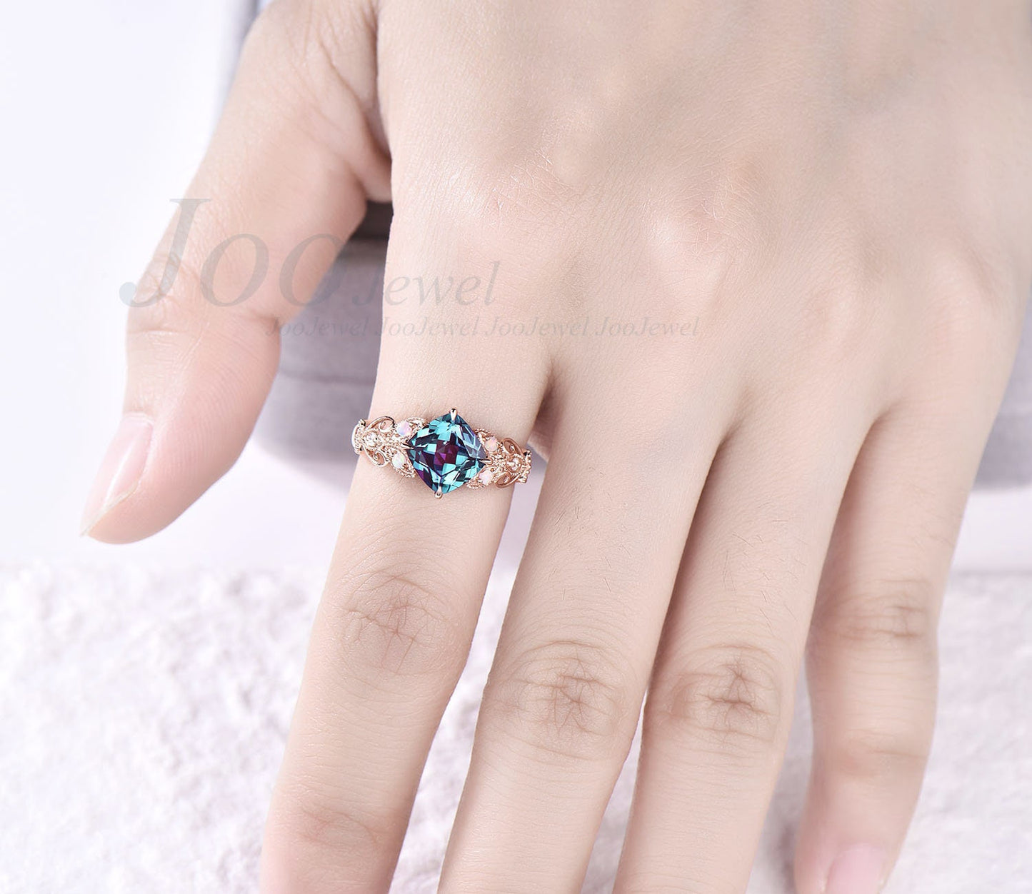 Unique cushion cut Alexandrite engagement ring butterfly Milgrain vintage flower moissanite ring opal ring for women 14k rose gold silver