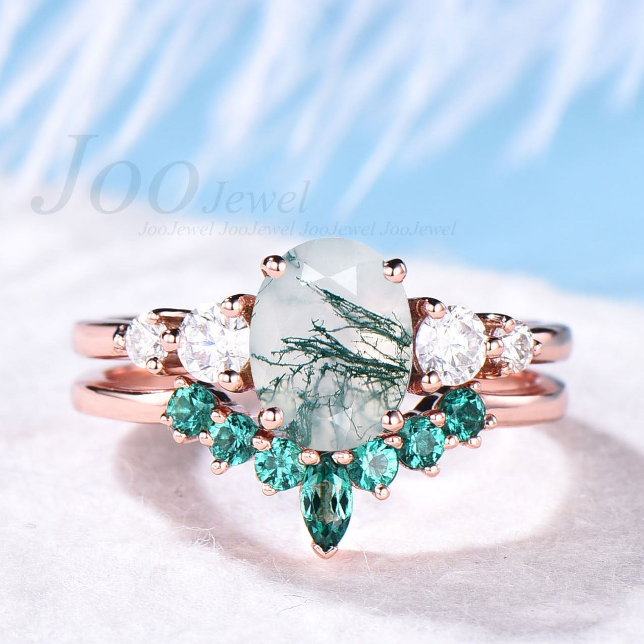 Unique Bridal Ring Set Oval Cut Moss Agate Engagement Ring Set Vintage  Moissanite Ring Set White Gold Women Cluster Marquise Ring Jewelry 