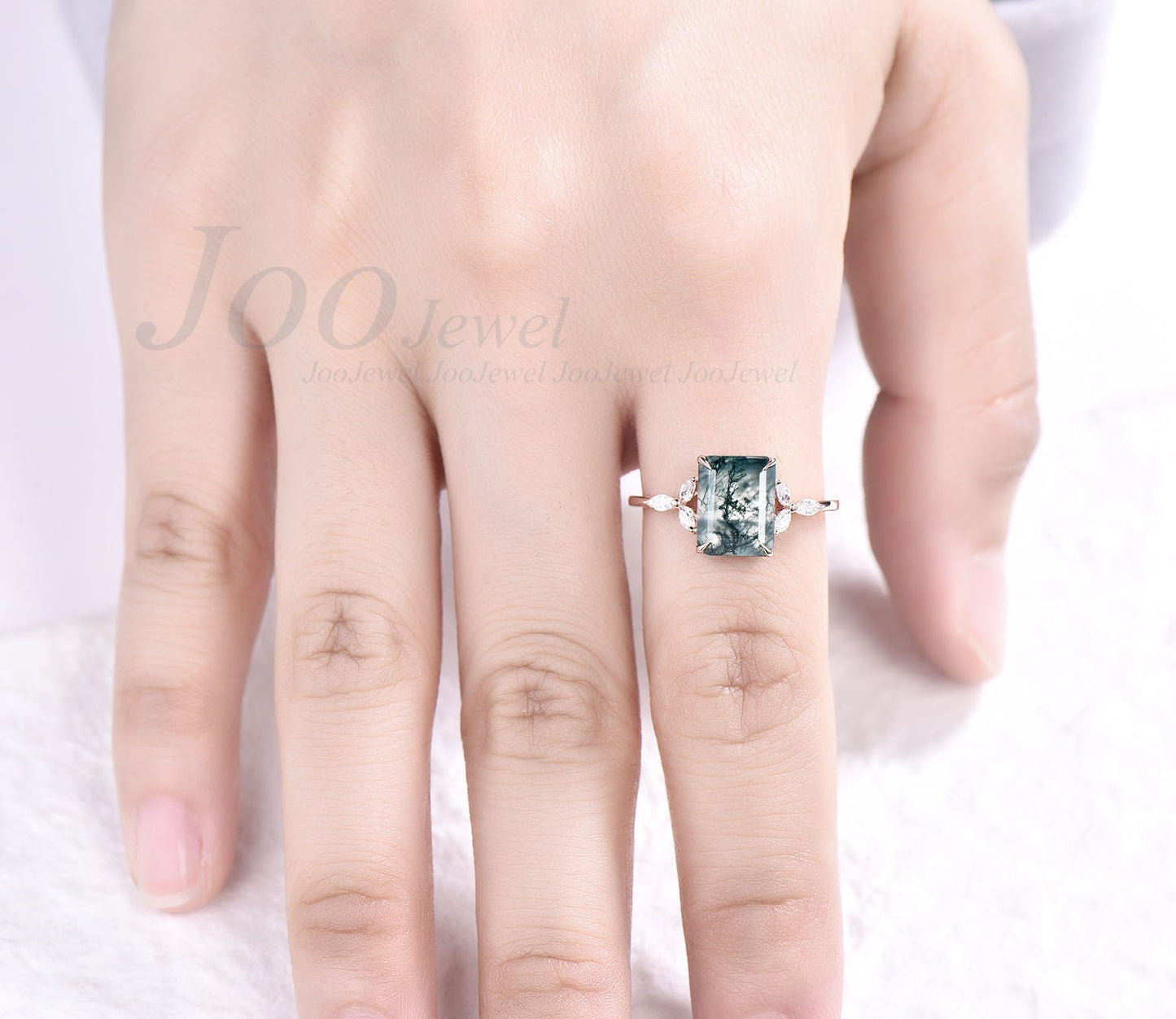 Green moss agate ring unique vintage 7x9mm emerald cut moss agate engagement ring art deco flower marquise moissanite ring rose gold silver
