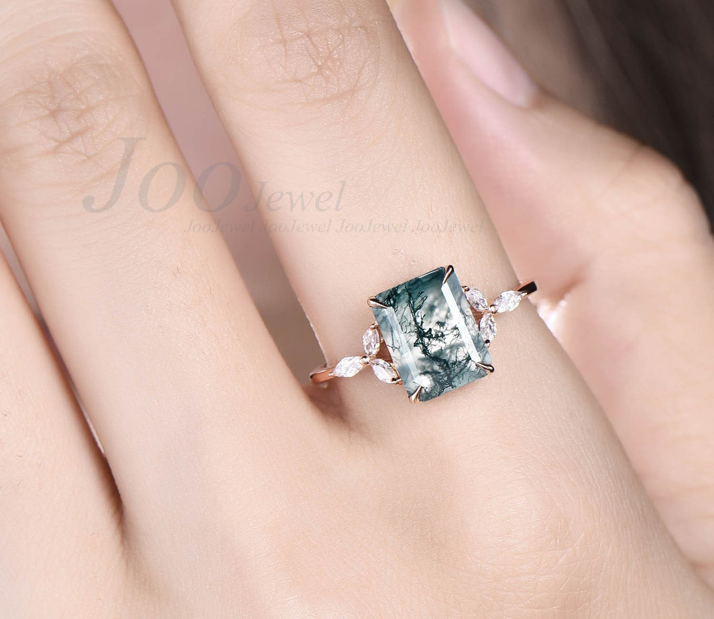 Green moss agate ring unique vintage 7x9mm emerald cut moss agate engagement ring art deco flower marquise moissanite ring rose gold silver