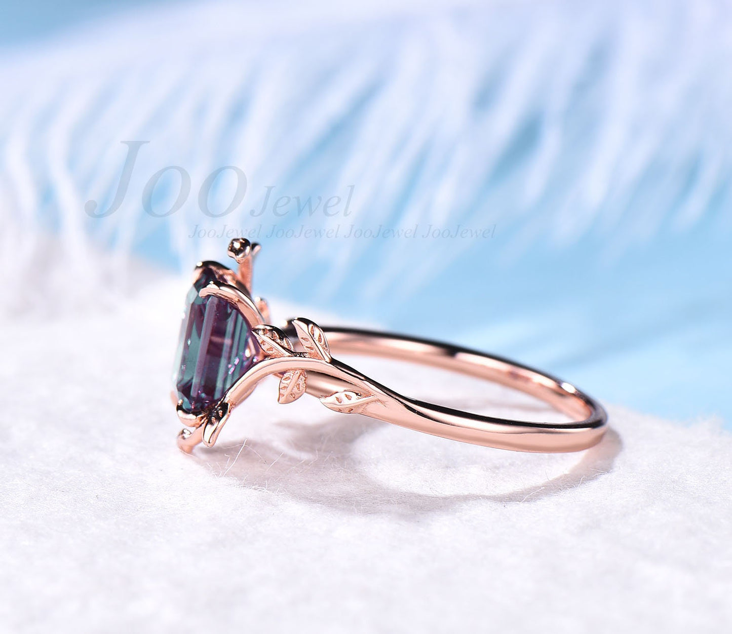 Emerald Cut Alexandrite Bridal Ring Unique Leaf Flower Solitaire Ring For Women Alexandrite Wedding Ring Nature Inspired Engagement Ring