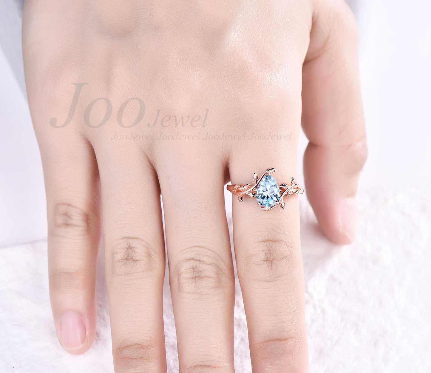 Pear shaped aquamarine engagement ring leaf flower rose gold minimalist unique vintage solitaire engagement ring for women wedding ring band