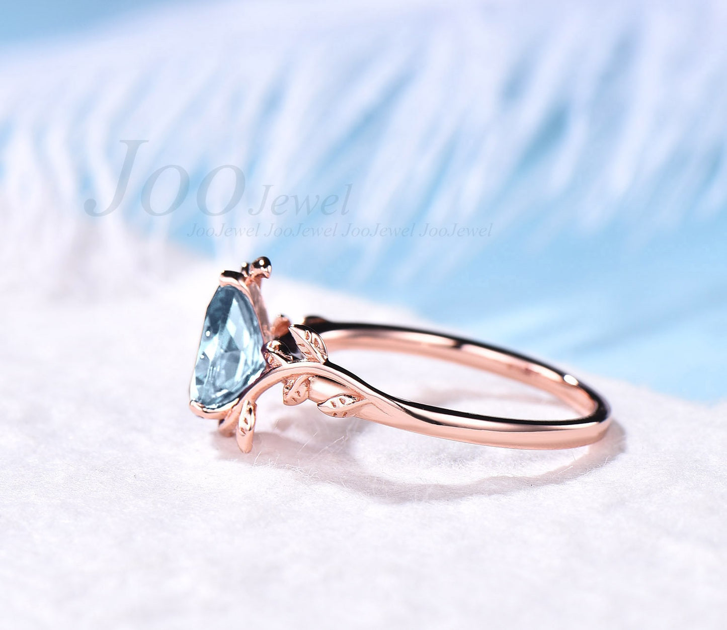 Pear shaped aquamarine engagement ring leaf flower rose gold minimalist unique vintage solitaire engagement ring for women wedding ring band