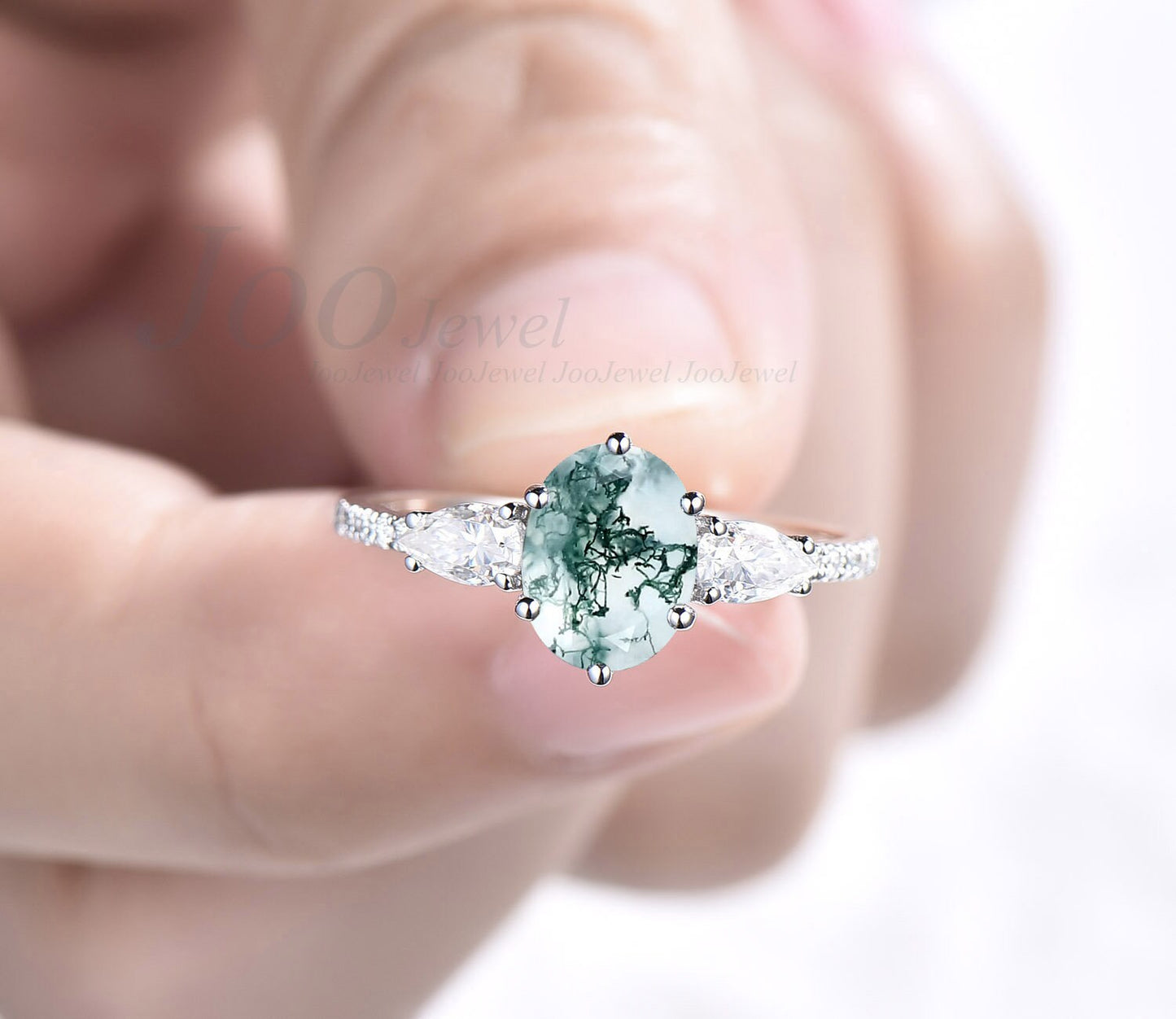 Unique Moss Agate Engagement Ring Set Oval Cut Moss Agate Wedding Ring Set Six Prong Celtic Knot Ring Moissanite Wedding Ring Set 14K Gold