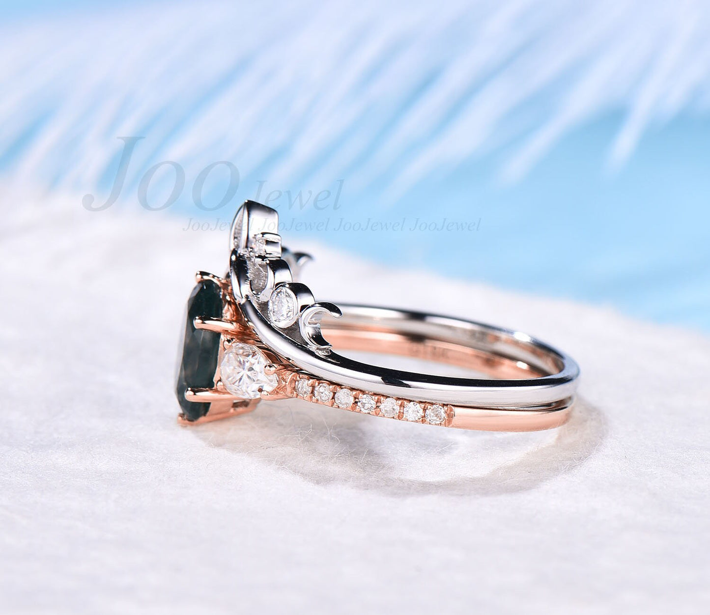 Unique Moss Agate Engagement Ring Set Oval Cut Moss Agate Wedding Ring Set Six Prong Celtic Knot Ring Moissanite Wedding Ring Set 14K Gold