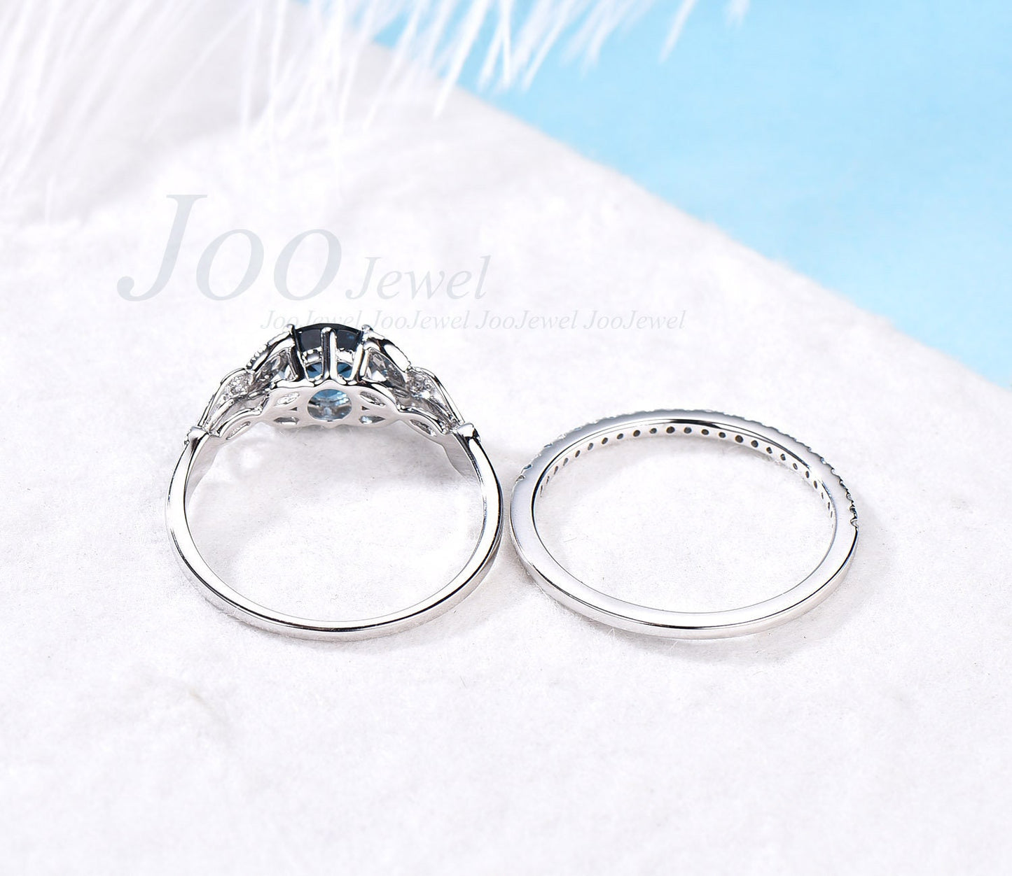London Blue Topaz Engagement Ring 6.5mm Round Shaped Topaz Butterfly Flower Wedding Ring Set November Birthstone Opal Promise Ring Rose Gold
