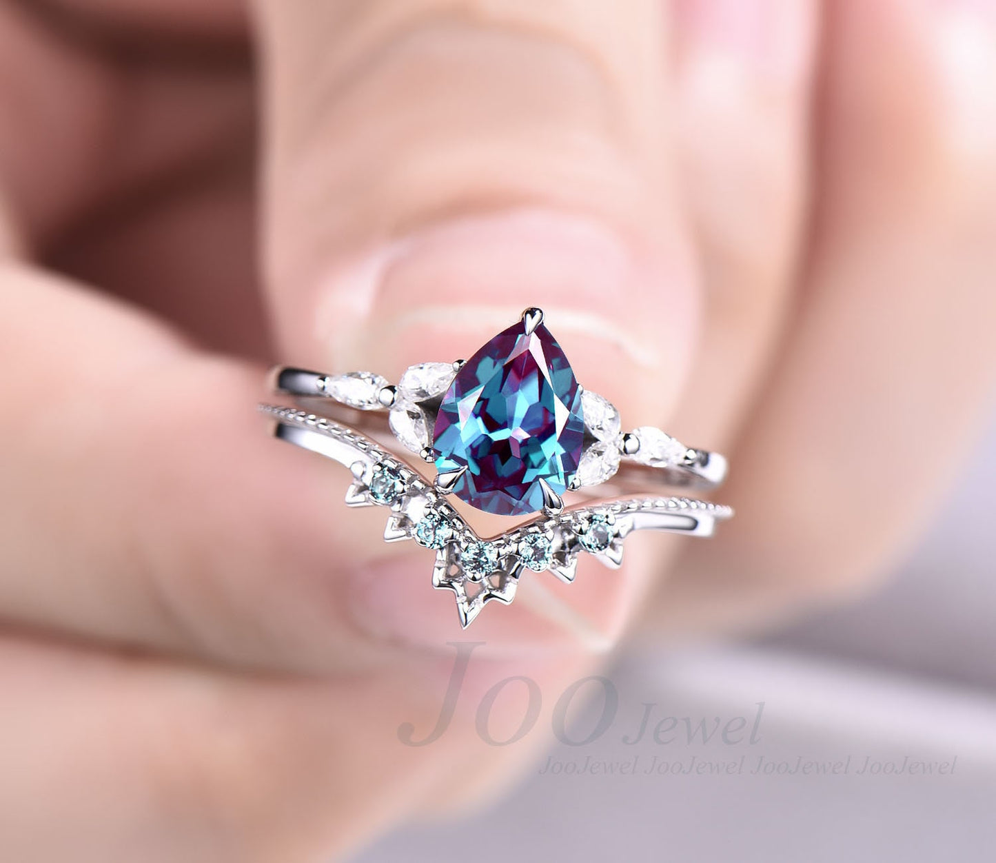 Pear Alexandrite Engagement Ring Set Marquise Moissanite Ring Lace Milgrain Alexandrite Wedding Band June Birthstone Ring Color Change Stone