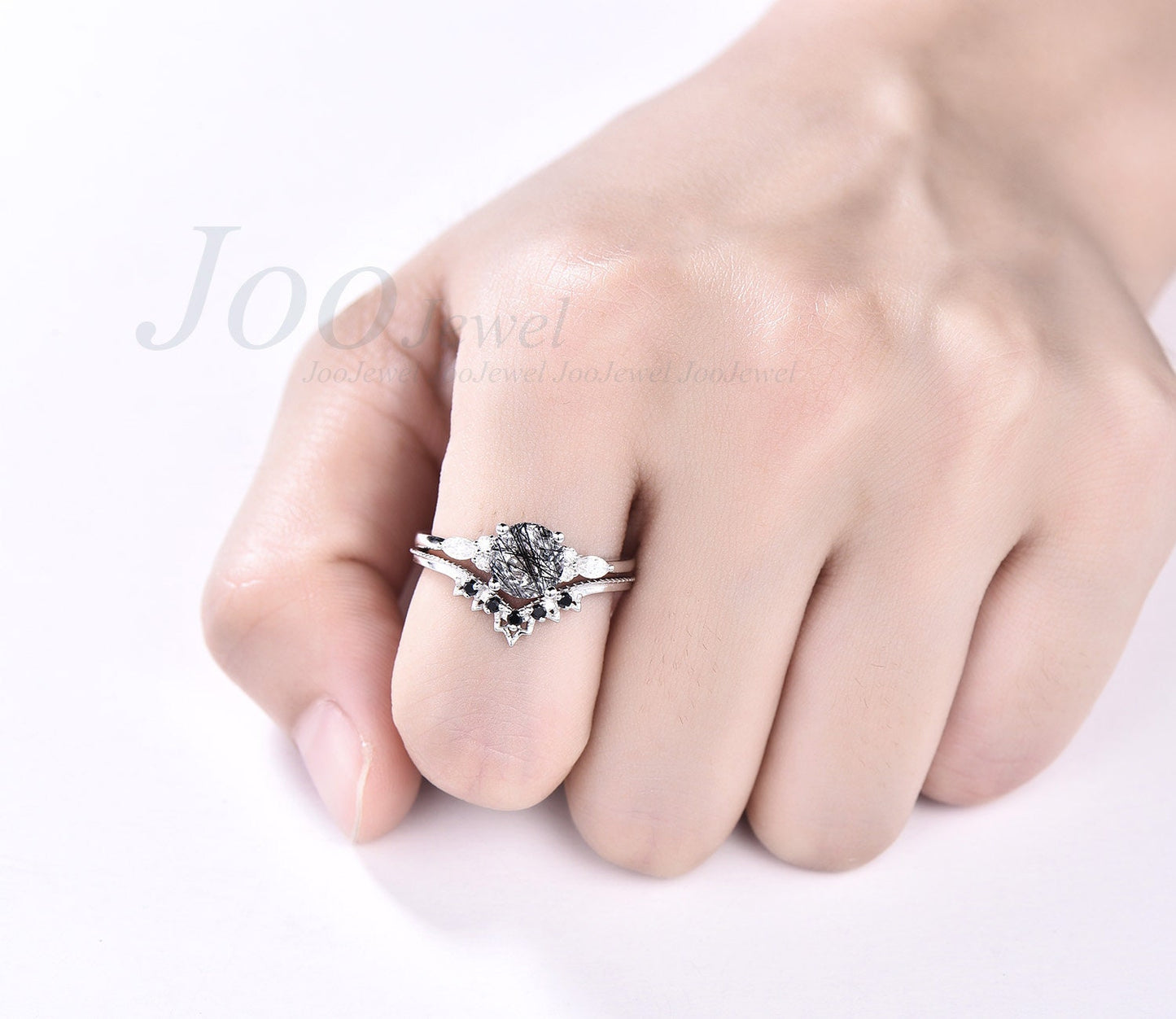 Unique vintage round cut black rutilated quartz engagement ring set rose gold silver art deco moissanite ring black diamond ring for women