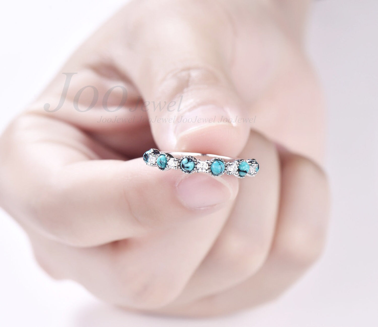 Turquoise Wedding Band Art Deco Moisssanite Wedding ring,Matching Band Stacking Ring Anniversary Gift,14k White gold Turquise promise ring