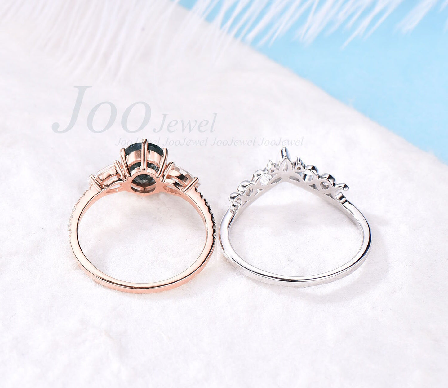 Unique Moss Agate Engagement Ring Set Oval Cut Moss Agate Wedding Ring Set Six Prong Celtic Knot Ring Moissanite Wedding Ring Set 14K Gold