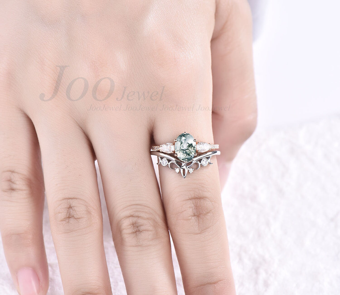 Unique Moss Agate Engagement Ring Set Oval Cut Moss Agate Wedding Ring Set Six Prong Celtic Knot Ring Moissanite Wedding Ring Set 14K Gold