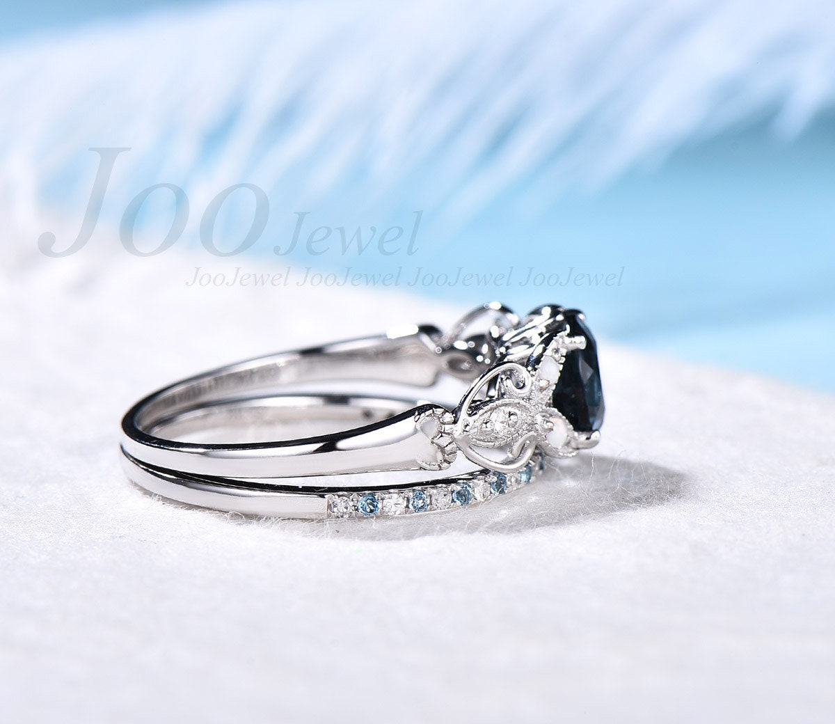 London Blue Topaz Engagement Ring 6.5mm Round Shaped Topaz Butterfly Flower Wedding Ring Set November Birthstone Opal Promise Ring Rose Gold