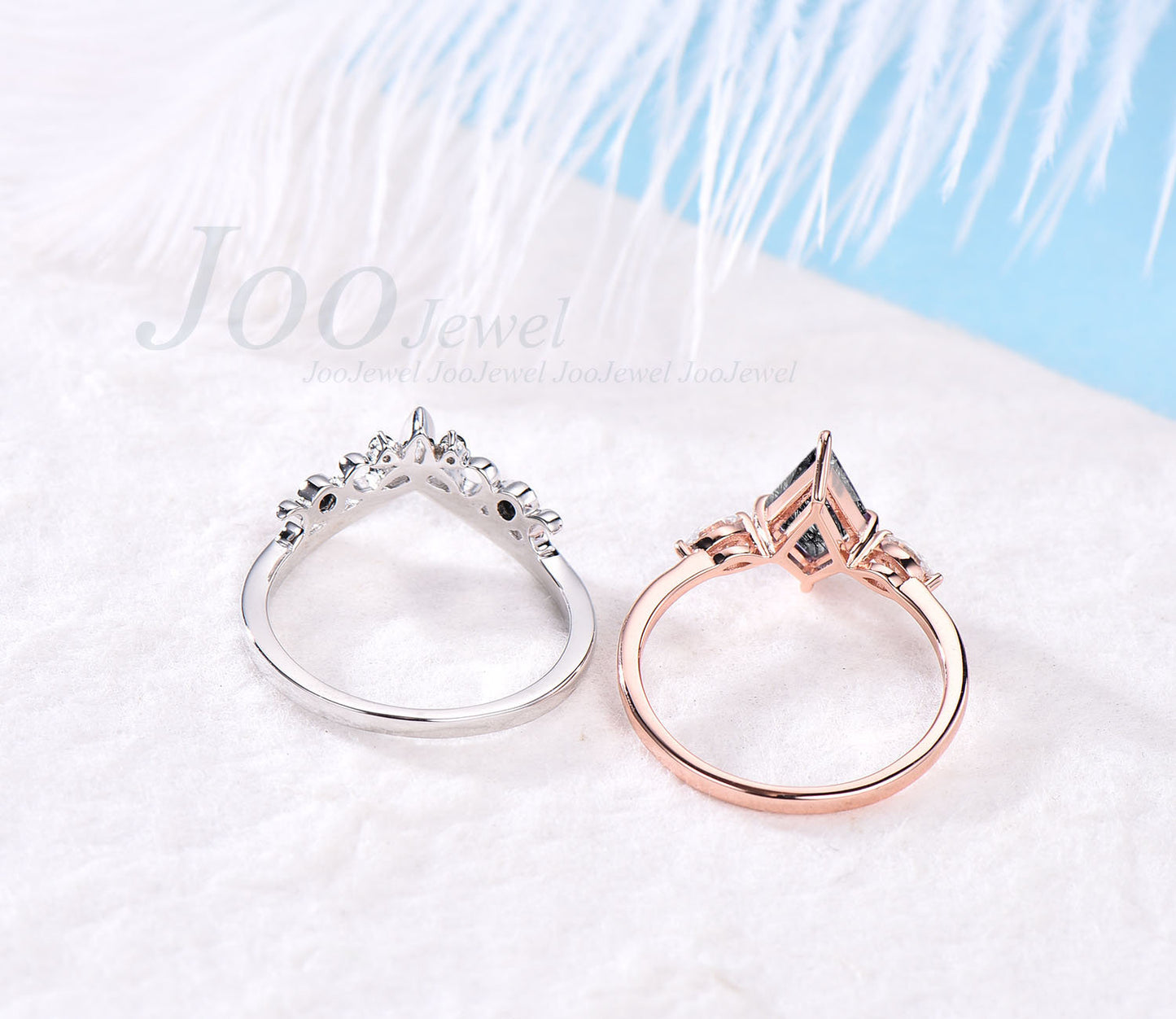 Kite Cut Natural Black Onyx Celestial Engagement Ring Set Triple Moon Goddess Ring Black Bridal Set Celtic Knot Irish Ring Moon Phase Ring