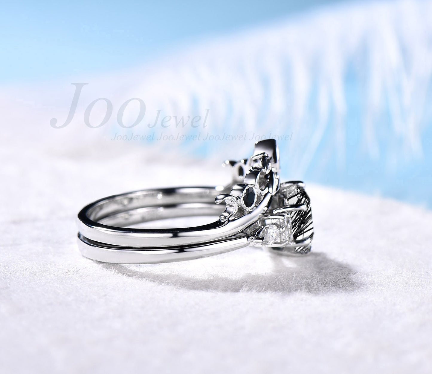 Hexagon Black Rutilated Quartz Engagement Ring Set For Women Art Deco White Gold Silver Moissanite Wedding Ring Vintage Black Diamond Ring