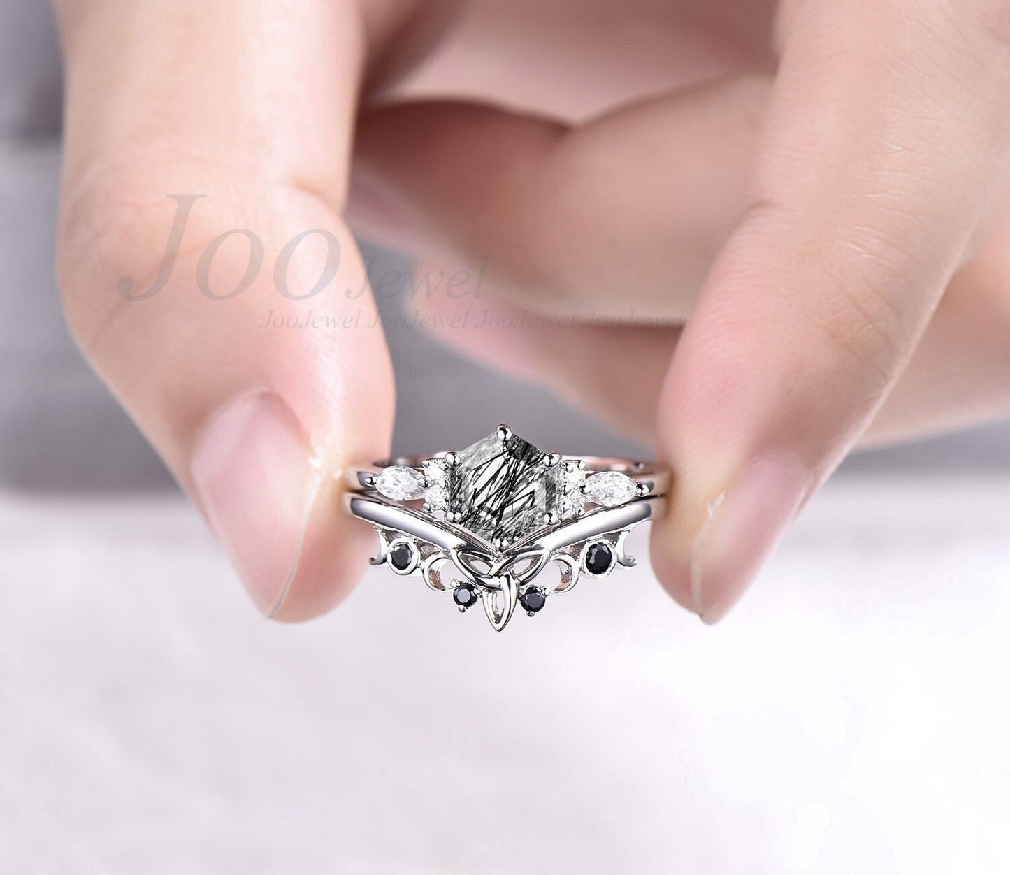 Hexagon Black Rutilated Quartz Engagement Ring Set For Women Art Deco White Gold Silver Moissanite Wedding Ring Vintage Black Diamond Ring