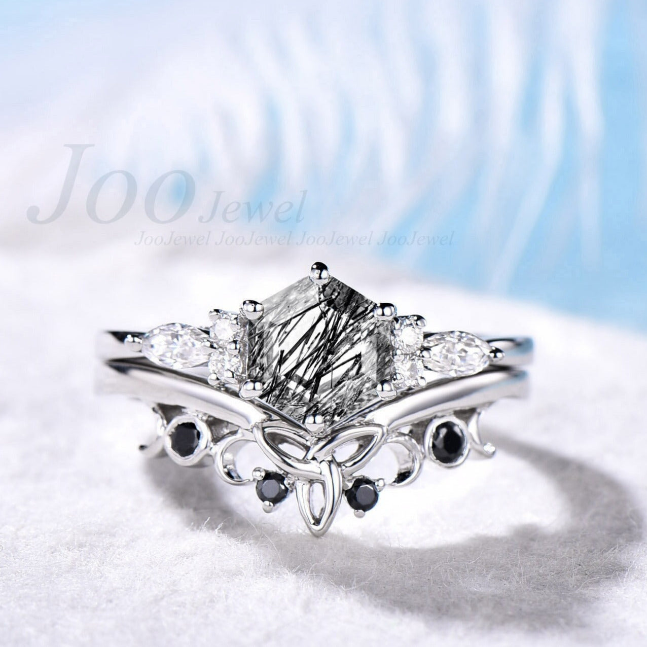 Hexagon Black Rutilated Quartz Engagement Ring Set For Women Art Deco White Gold Silver Moissanite Wedding Ring Vintage Black Diamond Ring