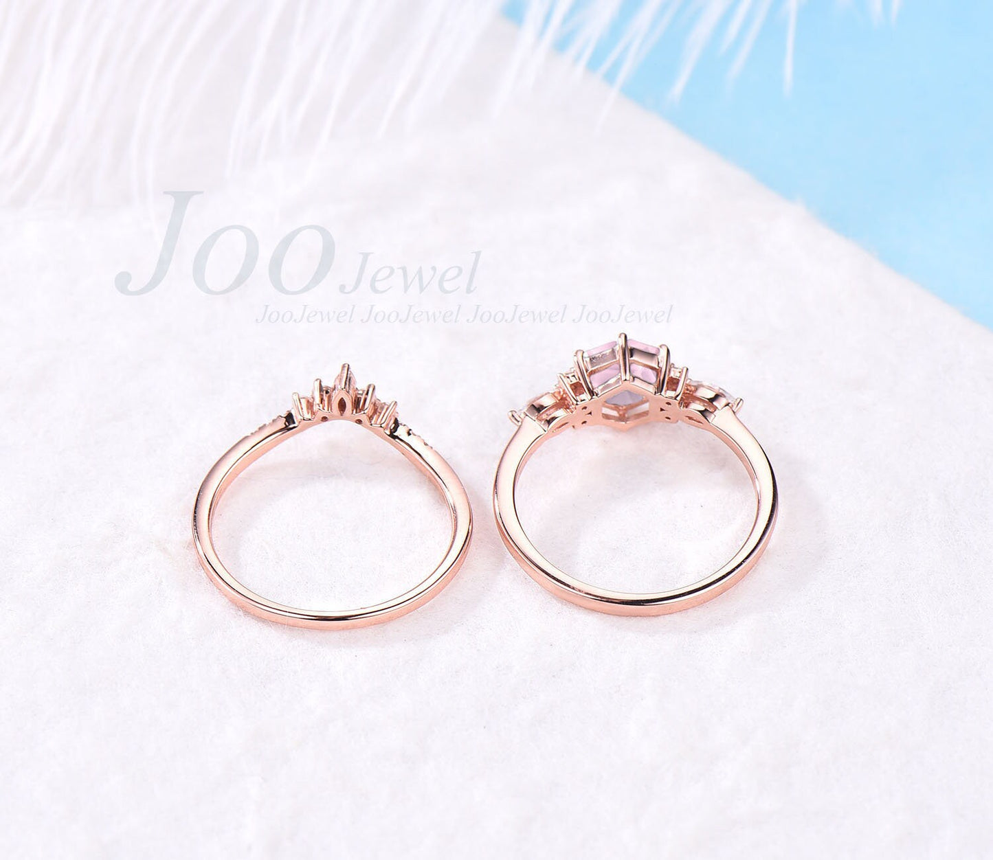 Vintage Hexagon Rose Quartz Ring Set Sterling Silver Pink Crystal Engagement Rings Pink Gemstone Wedding Ring Set Birthday Gift For Women