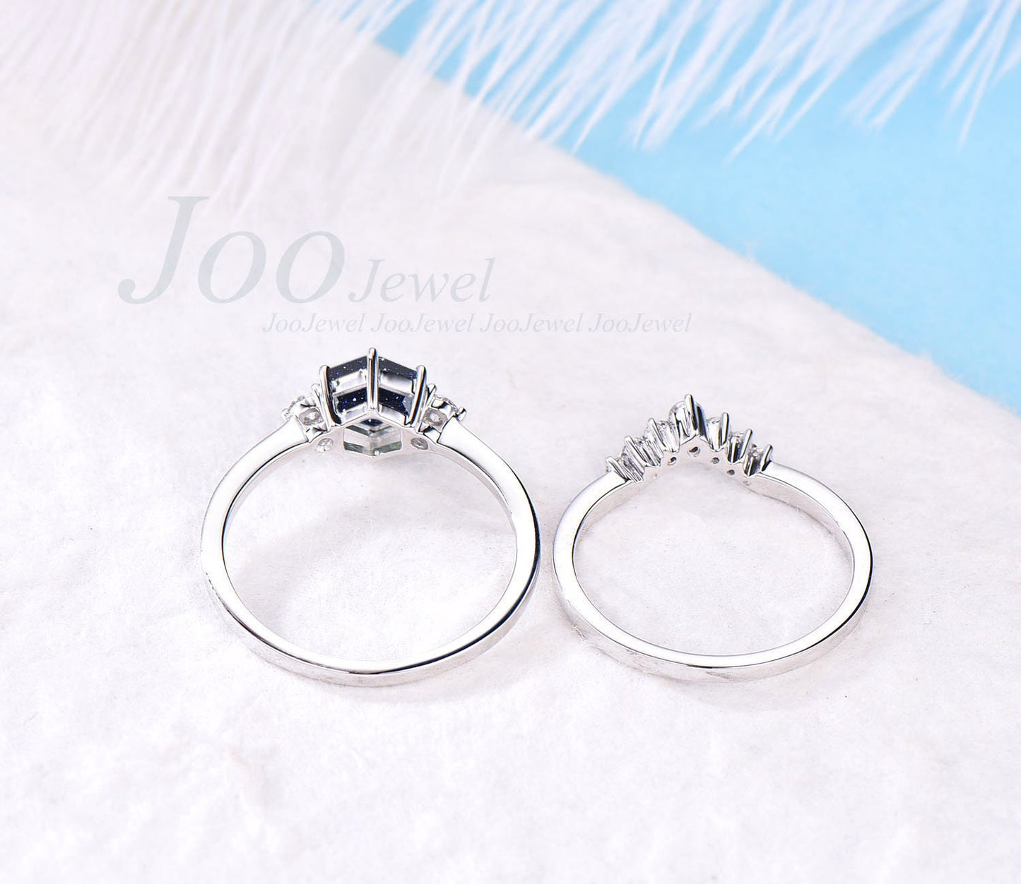 Galaxy Hexagon Blue Sandstone Engagement Ring Set For Women Planet Ring Star Blue Stone Art Deco White Gold Round Moissanite Wedding Rings