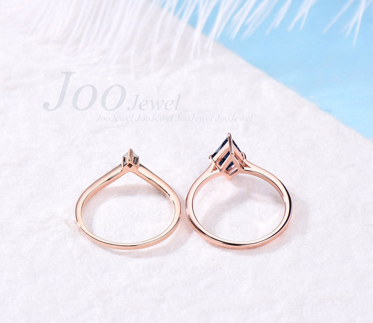 Galaxy Kite Cut Blue Sandstone Wedding Ring Set  Art Deco Star Blue Stone Engagement Ring Ret For Women Rose Gold Moissanite Stacking Band