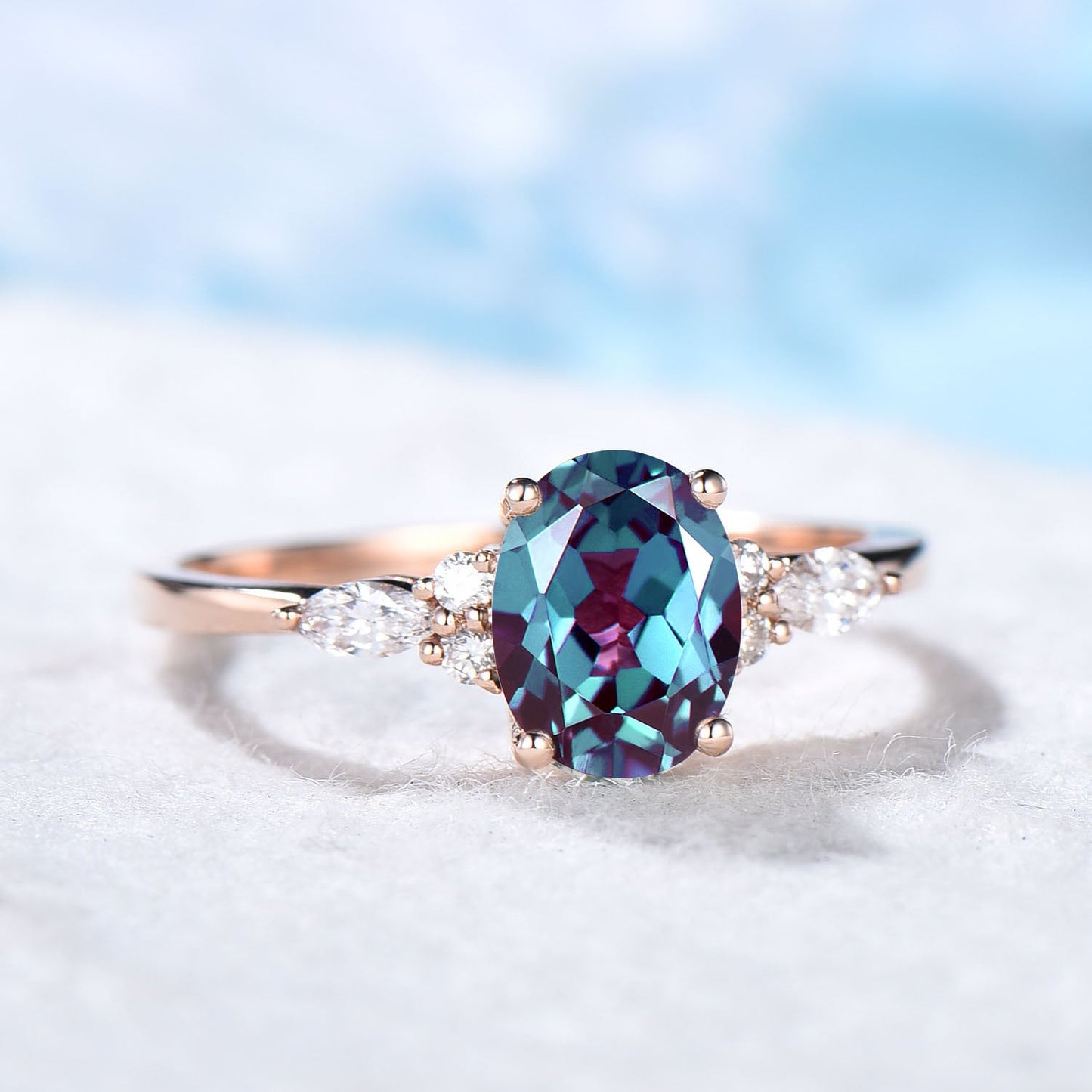 Oval Alexandrite Ring Cluster Engagement Ring Rose Gold Lab Diamond Ring June Birthstone Color Change Stone Wedding Anniversary Jewelry
